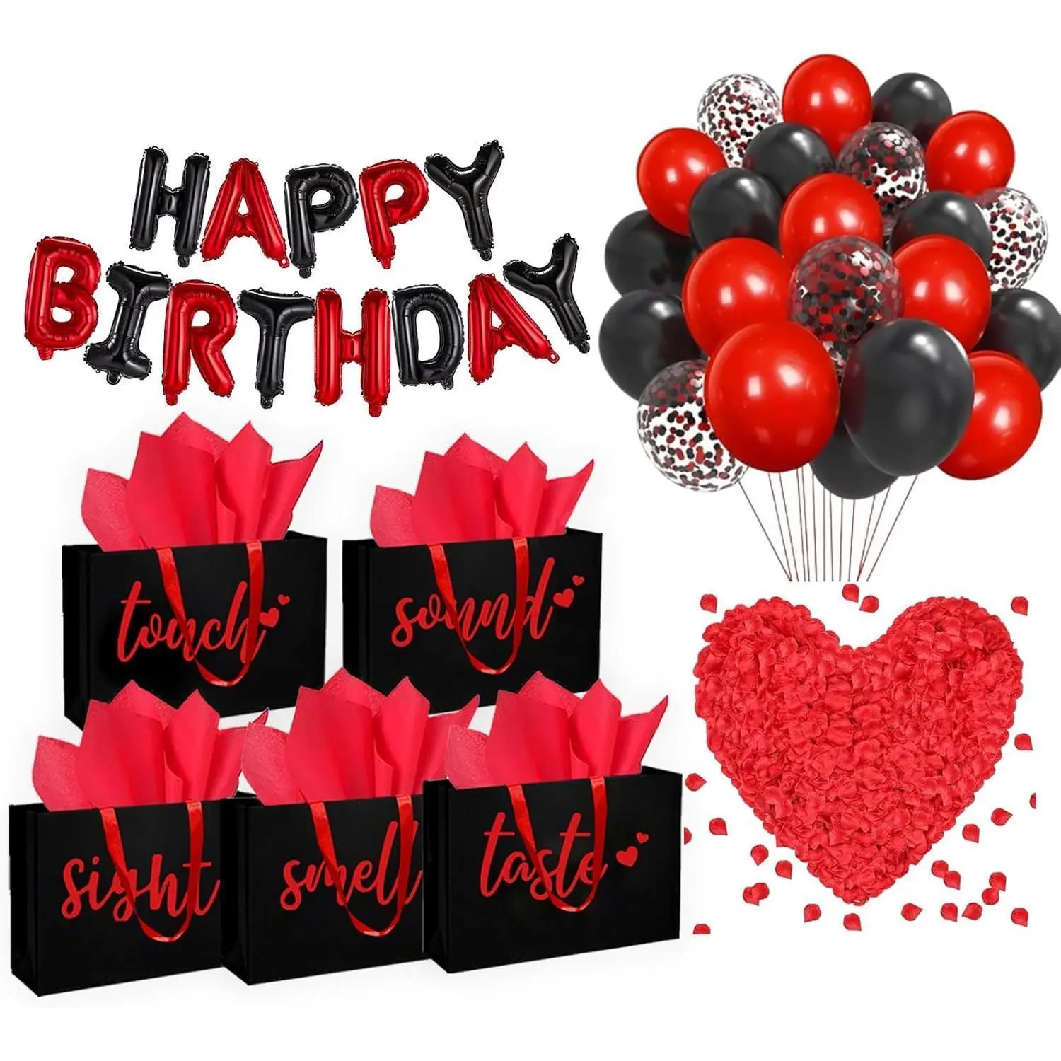 5 Senses Gift Bags Five Senses Birthday Party Decorations with Tissue Paper, Rose Petals and Happy Birthday Banner Balloons Five Senses Gift for Him Husband Boyfriend (Red black)
