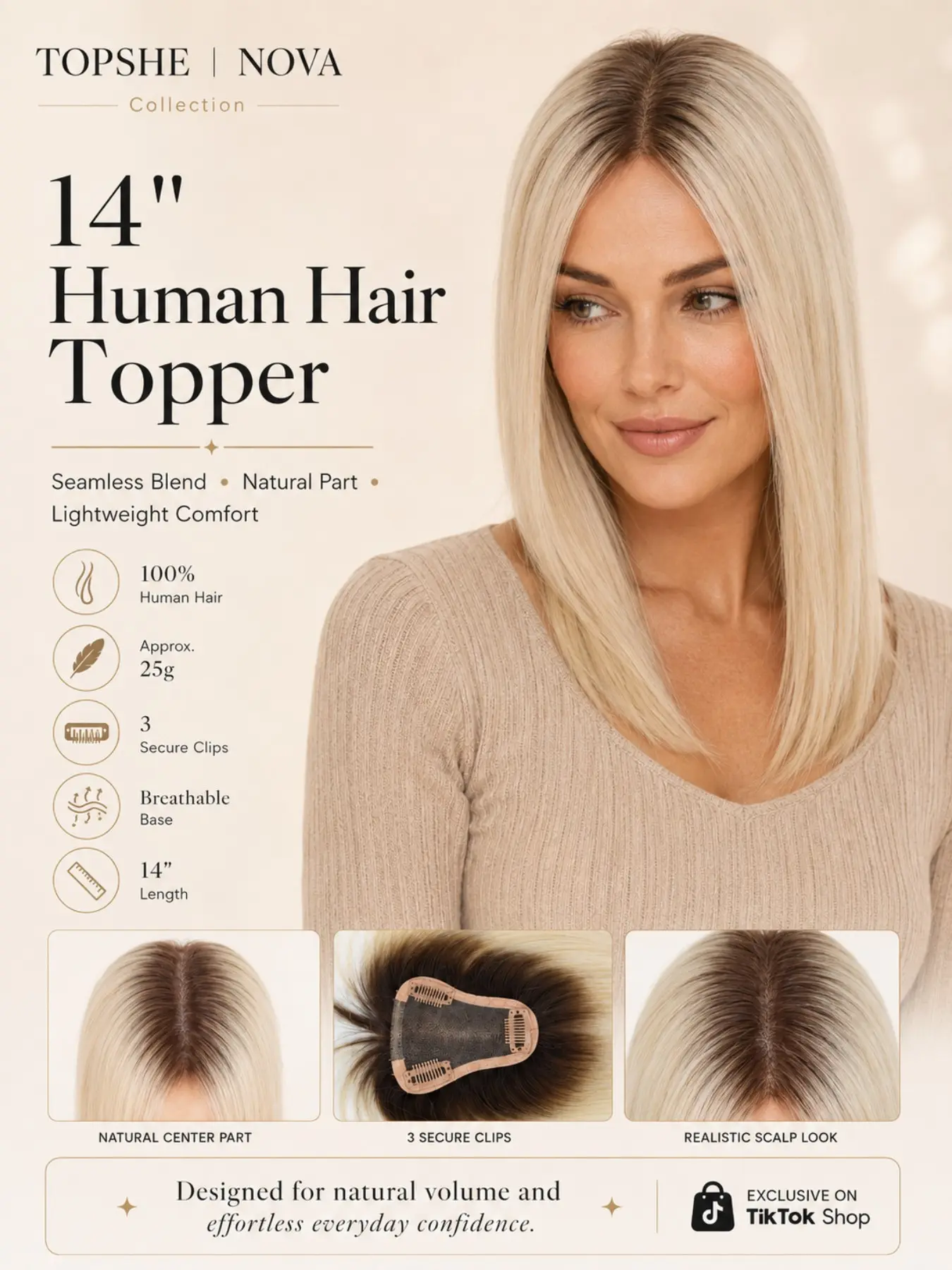 Topshe 1pc 100% Human Hair Hairline Topper for Women Blonde Ombre & Platinum Silk Base Invisible Clip-in Hairpiece Cover Thinning Hair Add Volume Natural Looking Daily Wear
