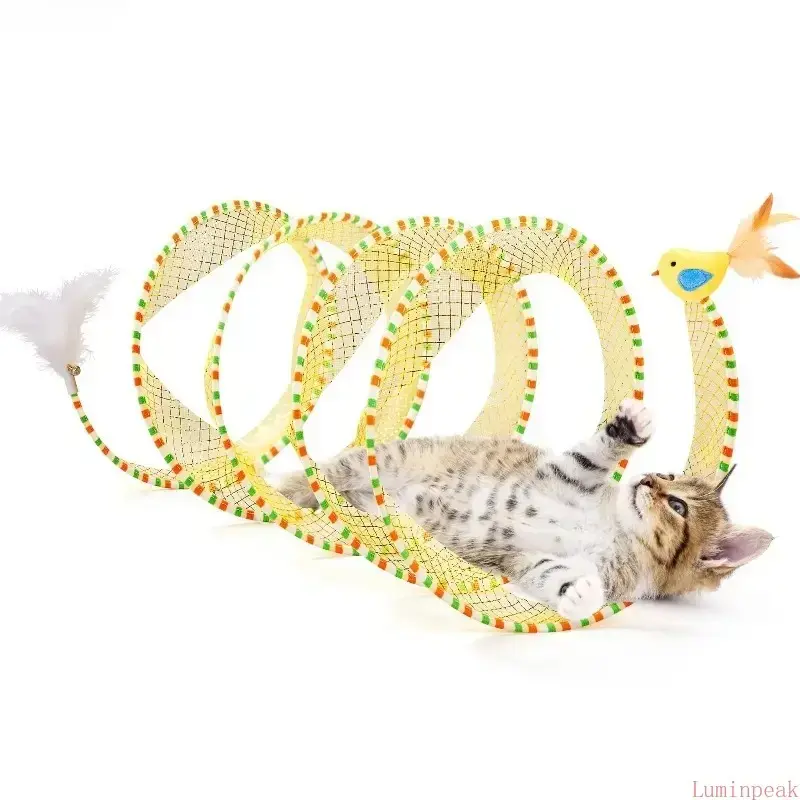 Spiral Tunnel Cat Toy, 20 Inch Collapsible Tunnel with Feather and Bell, Interactive Play Accessory, Durable Foldable Toy for Indoor Cats, Kittens and Small Pets