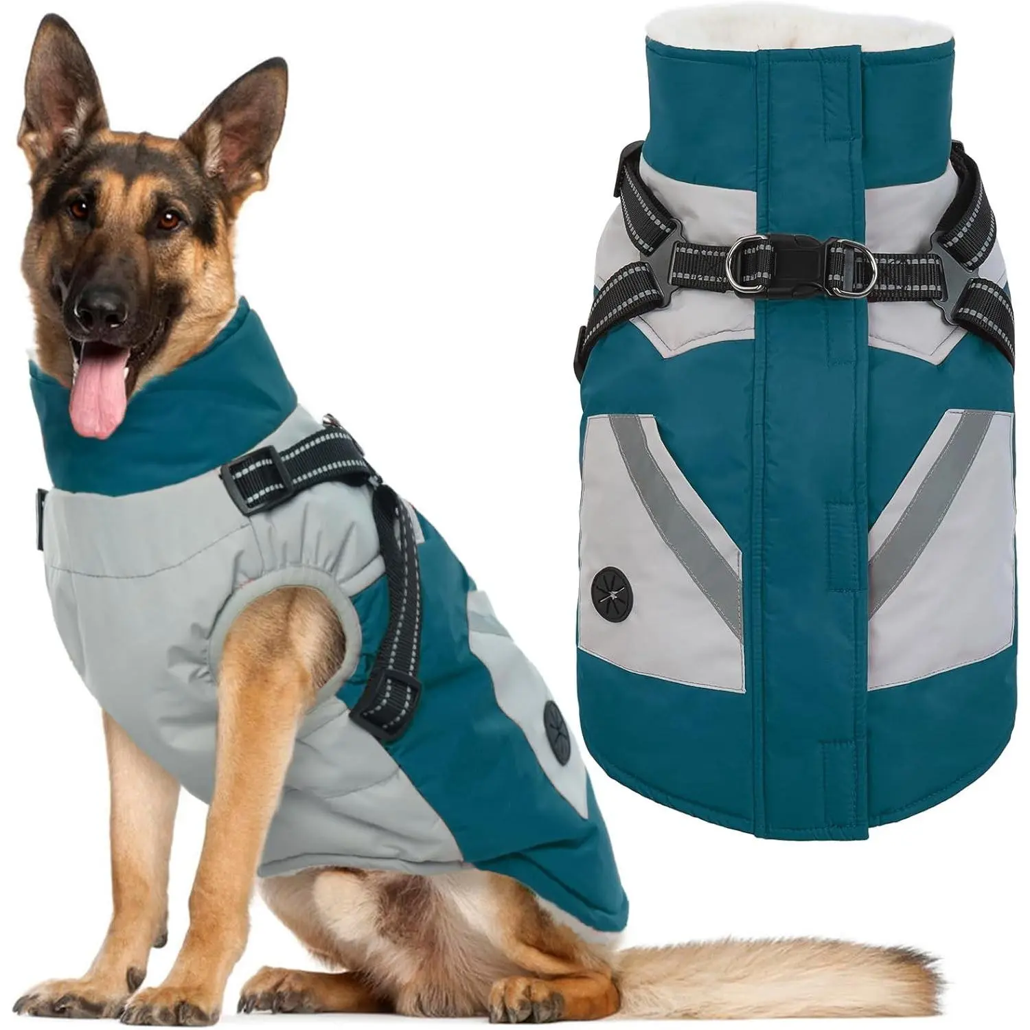 Dog Winter Coat with Harness Built in,Waterproof Windproof Dog Coats | For Large Dogs, Thermal Fleece Cold Weather Jackets with Zip, Outdoor Warm Snow Jacket Reflective, Turquoise Green, XL