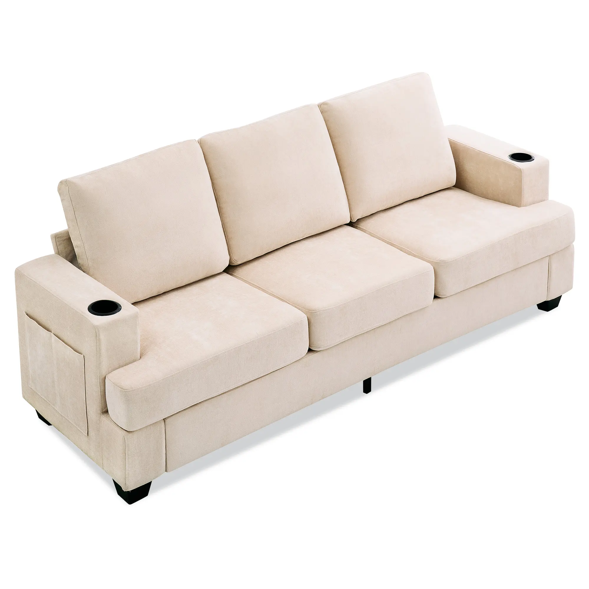 89" 3 Seater Couch Reversible Sofa, Comfy Couches for Small Spaces, Mid Century Modern Couch Chaise with Cup Holders and Side Storage Pockets for Living Room Apartment Bedroom