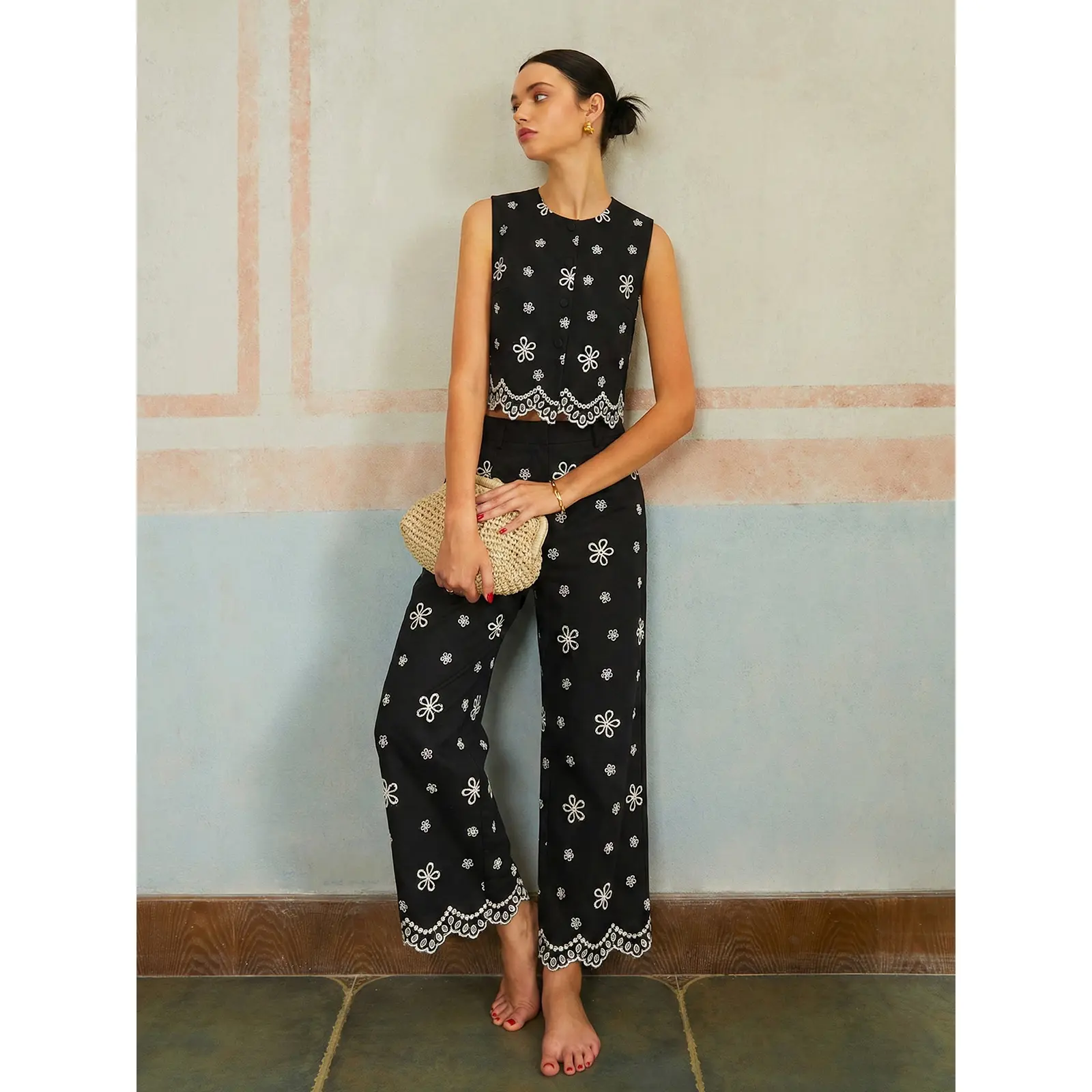 Embroidered Floral Cotton Top & Pants Set
