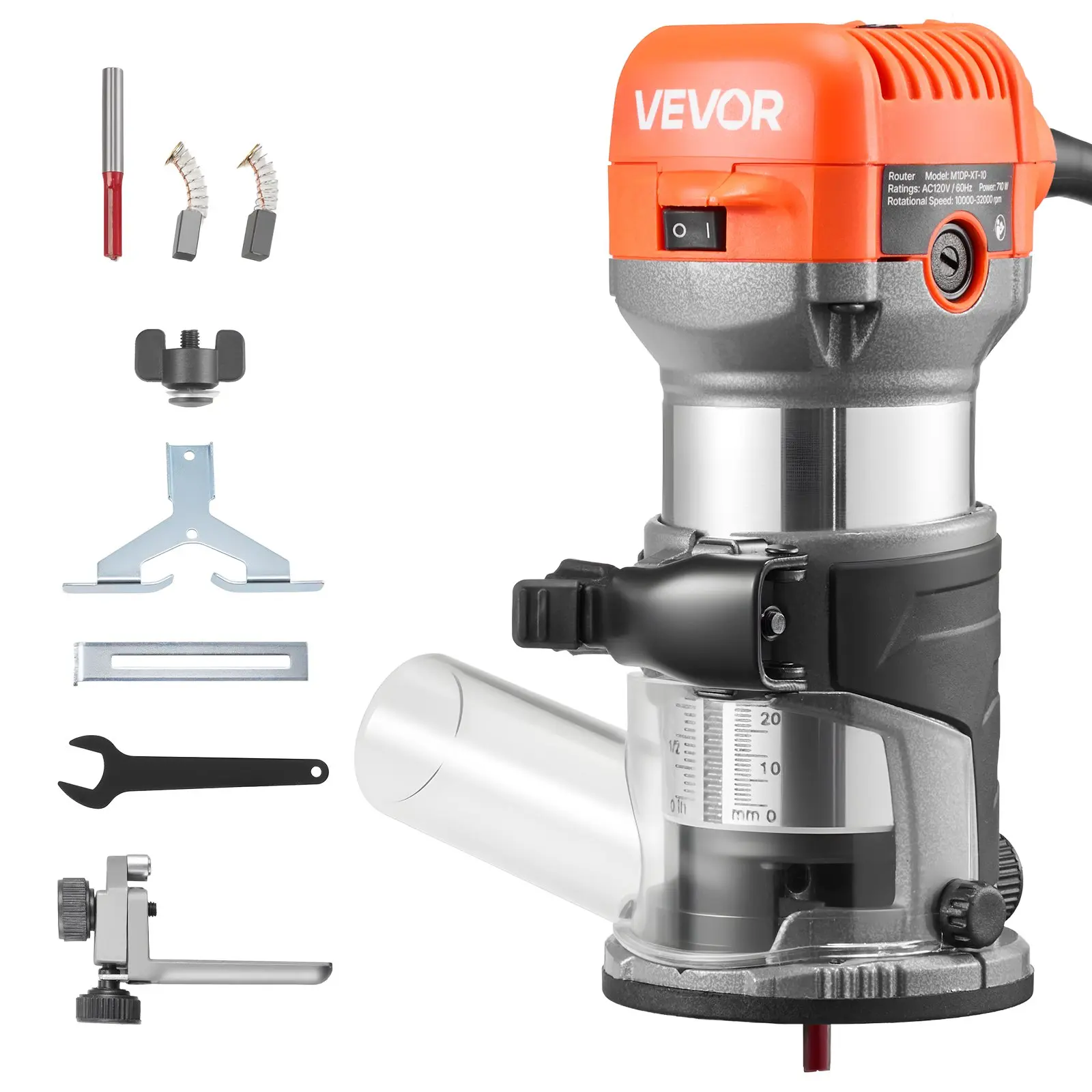 VEVOR Wood Router, 1 HP 710W, Variable Speed Palm Router Tool with Soft Start, Compact Wood Edge Trimmer with Fixed Base 1/4-Inch Collet, Dust Hood, for Woodworking, Trimming, DIY Projects, Corded