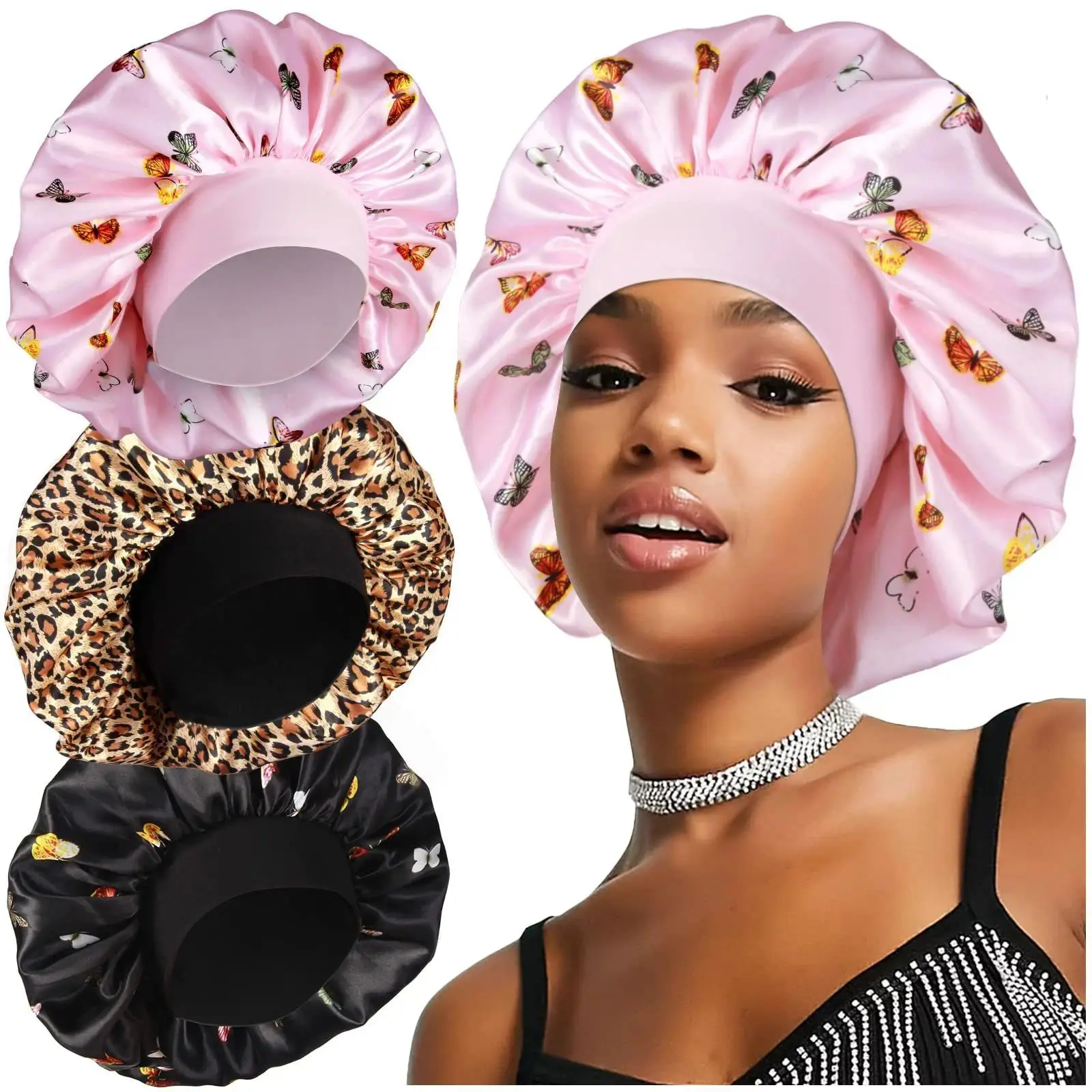 3pcs Butterfly & Leopard Print Satin Hair Bonnet With Wide Elastic Band, Large Size Sleep Cap For Natural Curly Hair, Reusable Night Sleep Head Wrap For Skincare Makeup And Daily Housework, Multiple Classic Colors Available For Women Hair Care
