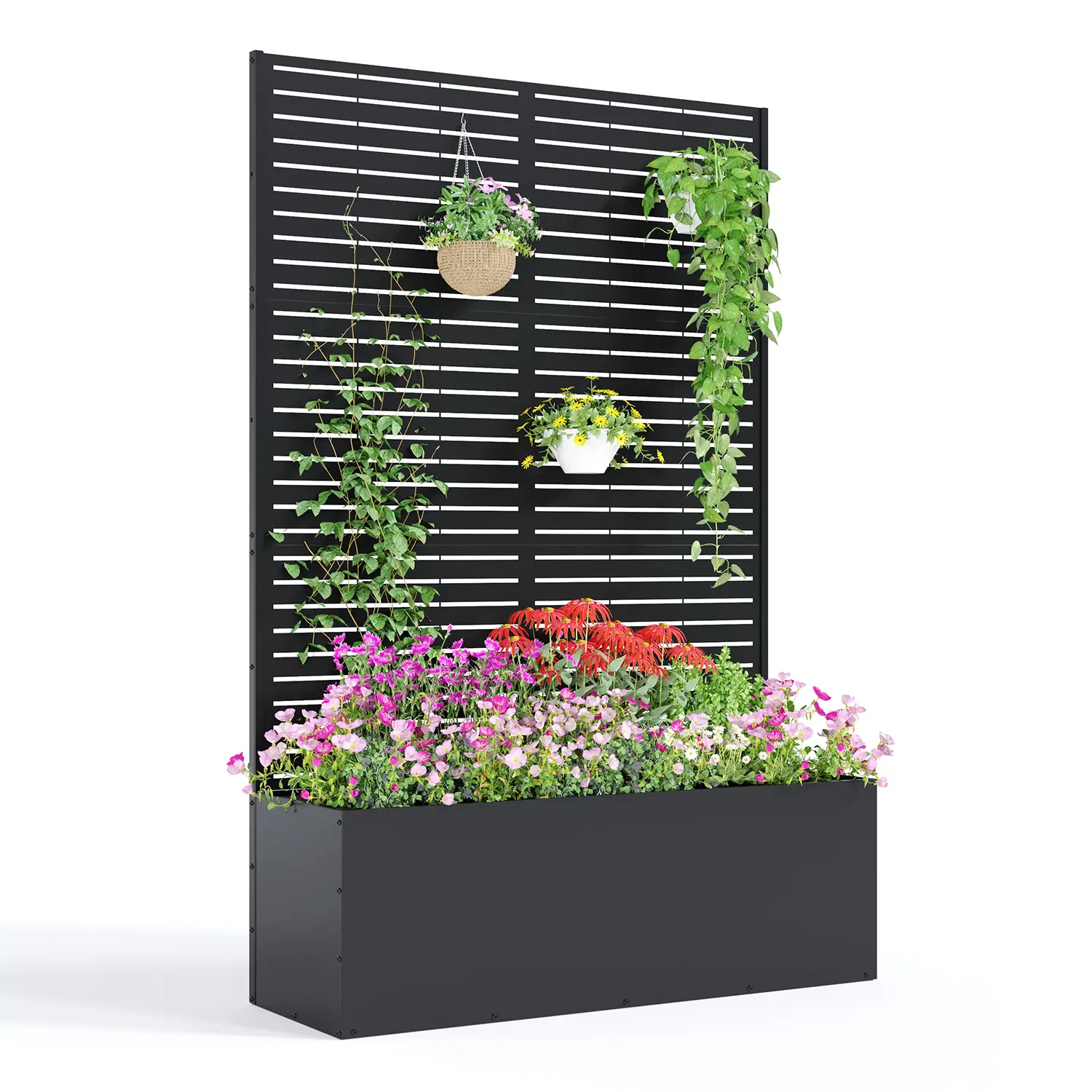 Metal Planter Box with Trellis, Raised Garden Bed (with/Without Wheels), Privacy Planters for Patio, Planter Box with Drainage Holes for Climbing Plants, Flower, Vegetable