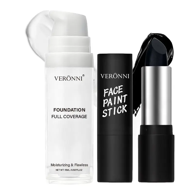 Veronni Halloween White Toner Foundation Coverage and Black Oil Stick Makeup 2-piece Set, Waterproof and Long-lasting, Facial Painting Creative Makeup Set, Suitable for Gothic Style, Halloween, Cosplay, and Party Styling