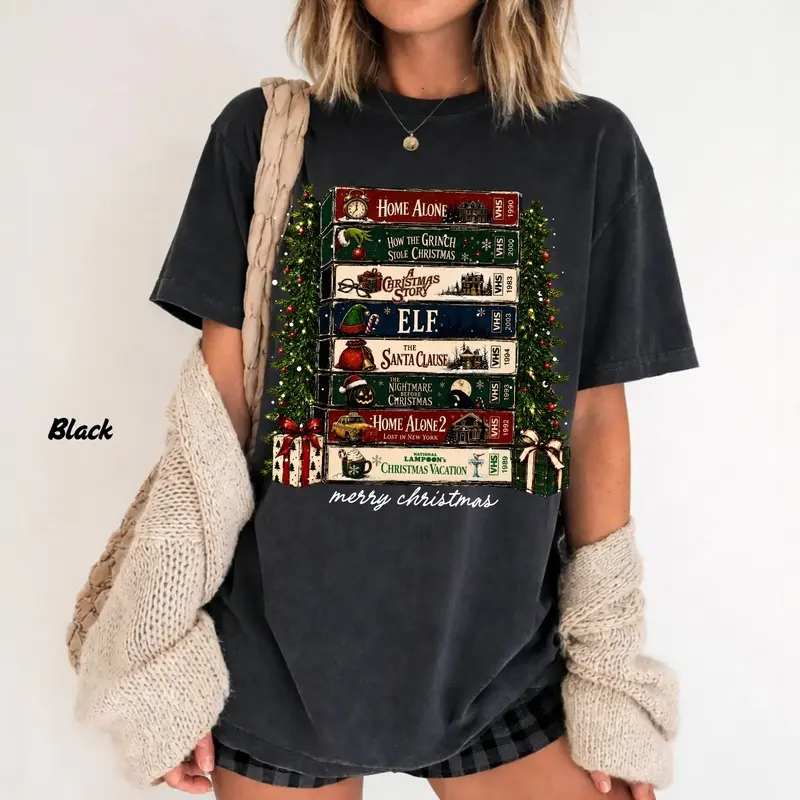 Christmas VHS Movies Comfort Colors Shirt, Retro Holiday Graphic Tee, Vintage Christmas Movie T-Shirt, Cozy Festive Apparel, Funny Christmas Gift