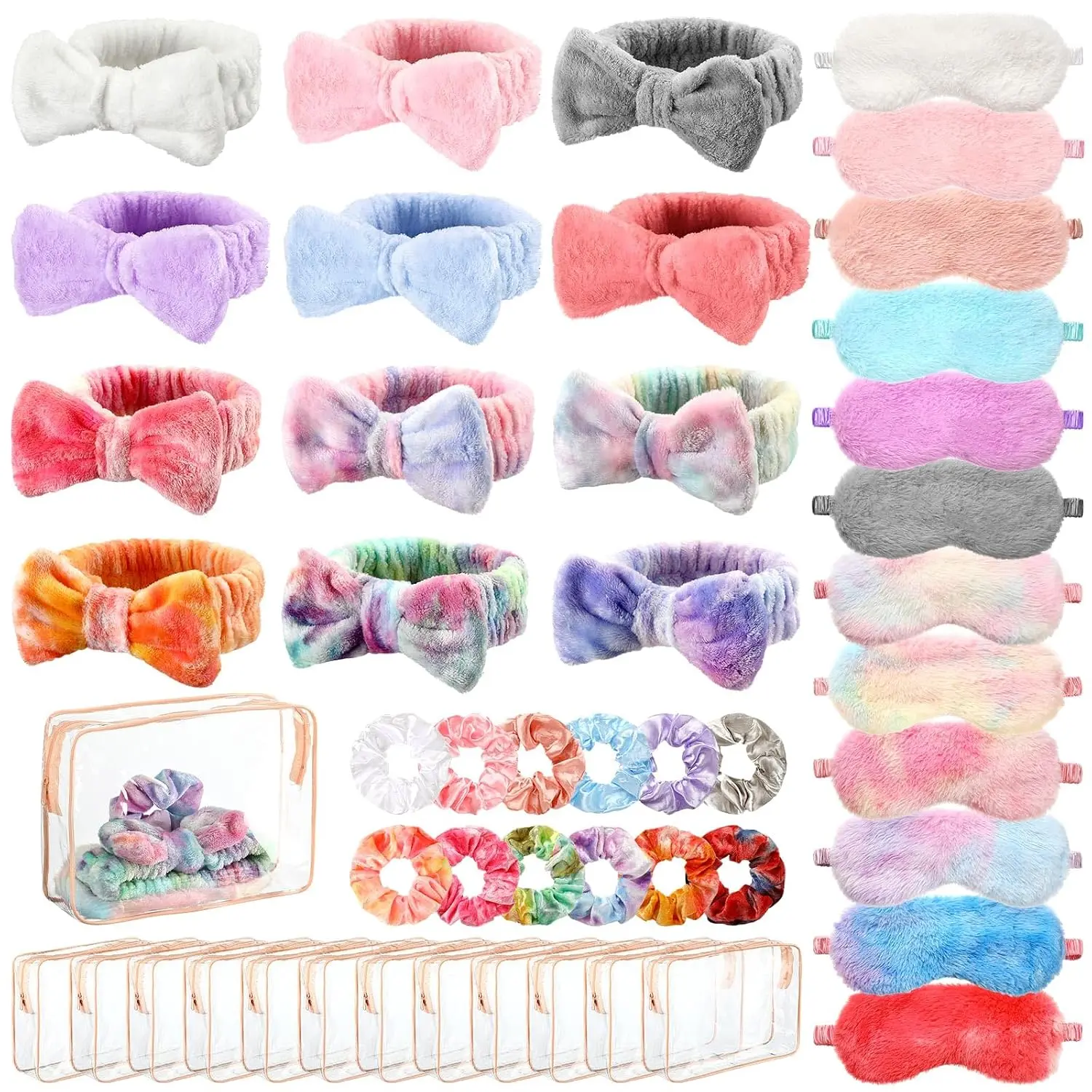 48 count  Party Supplies for Girls  Party Favor Sleepover Slumber Supplies for Women Headband Eye Mask Hair Scrunchies Toiletry Bag(Motley,)