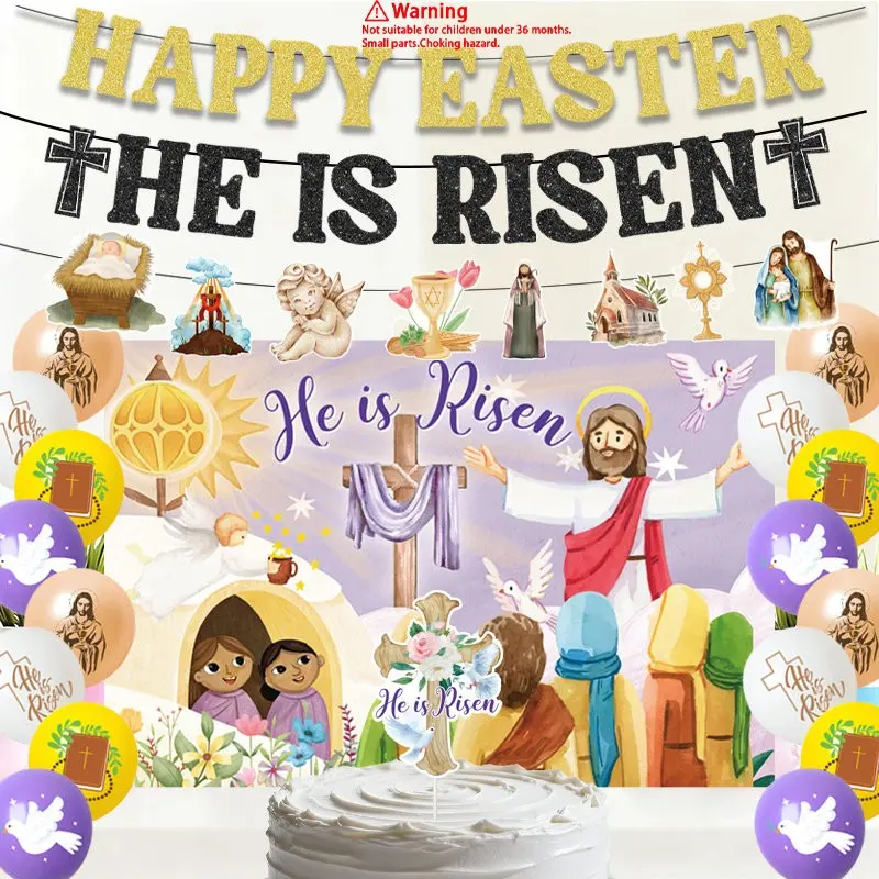 Easter Party Decoration Set, 19-Piece Christ Theme Party Supplies Include Banner, Backdrop, Cake Topper & 16 Latex Balloons