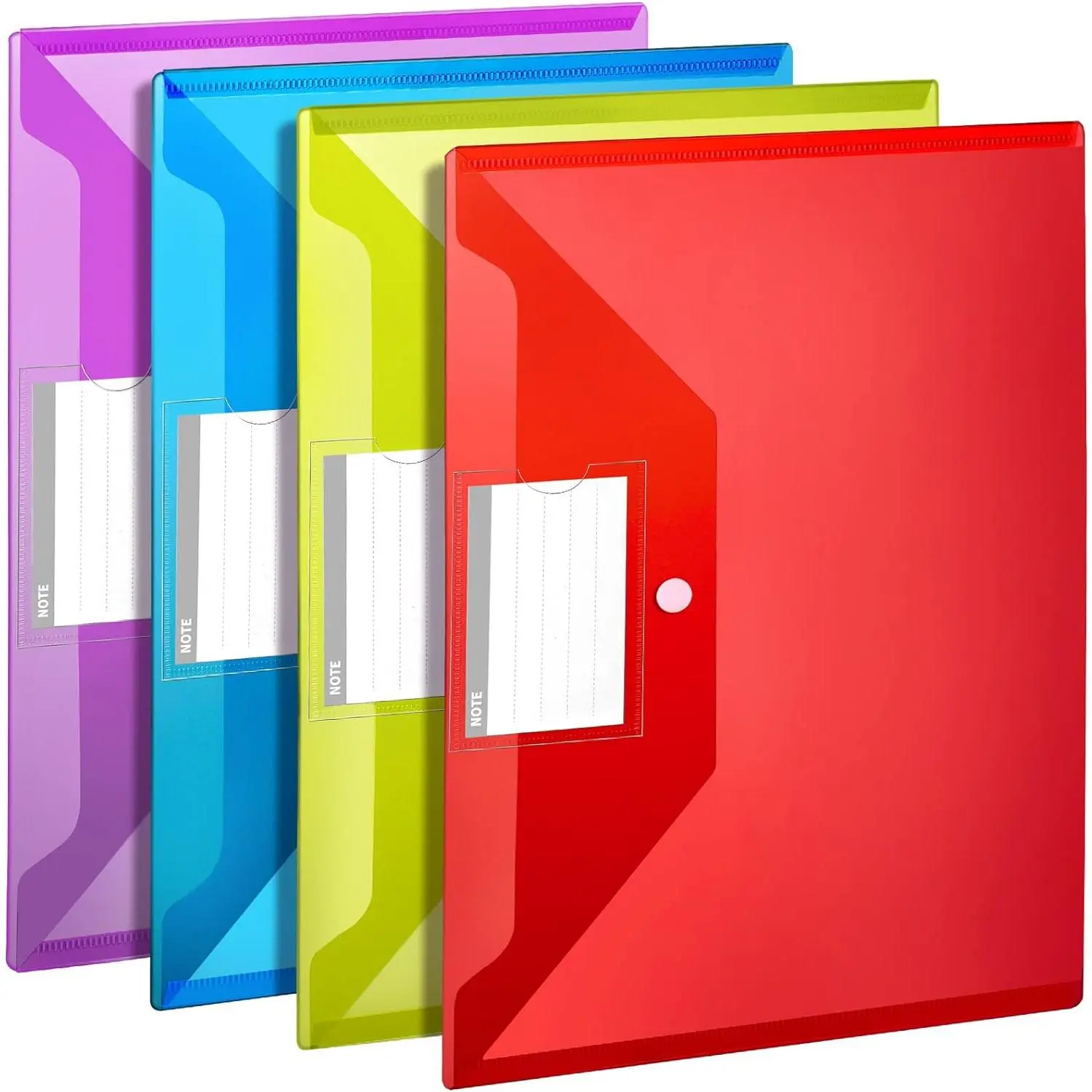 Transparent A4 Size Plastic File Folders with Pocket & Snap Closure, 4-Count Office Filing Bags with Label Card, for School & Office Use