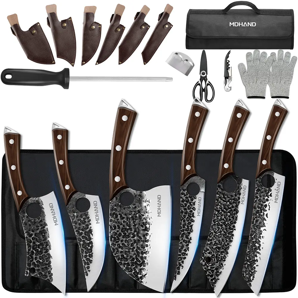 MDHAND Kitchen Knife Set, Professional Chef Knife, Butcher Knife,  Hand Forged Serbian Chef Knife Set with Bag, High Carbon Steel Full Tang Kitchen Knives Set, Meat Cleaver & Boning Knife for Brisket Trimming BBQ Camping, Best Gift