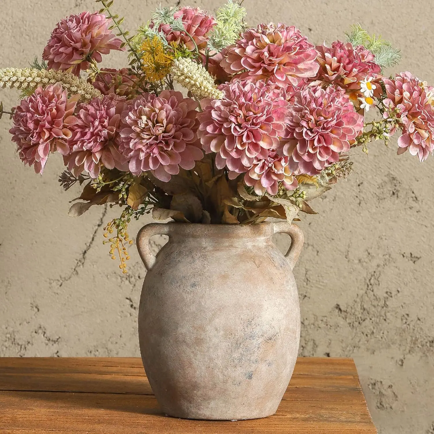 Ceramic Flower Vase 7.6 Inch Farmhouse Rustic Vase Decorative Pottery Terracotta Vases for Home Decor Table Mantle Fireplace Living Room Bathroom Wedding Centerpiece (Whitewashed)