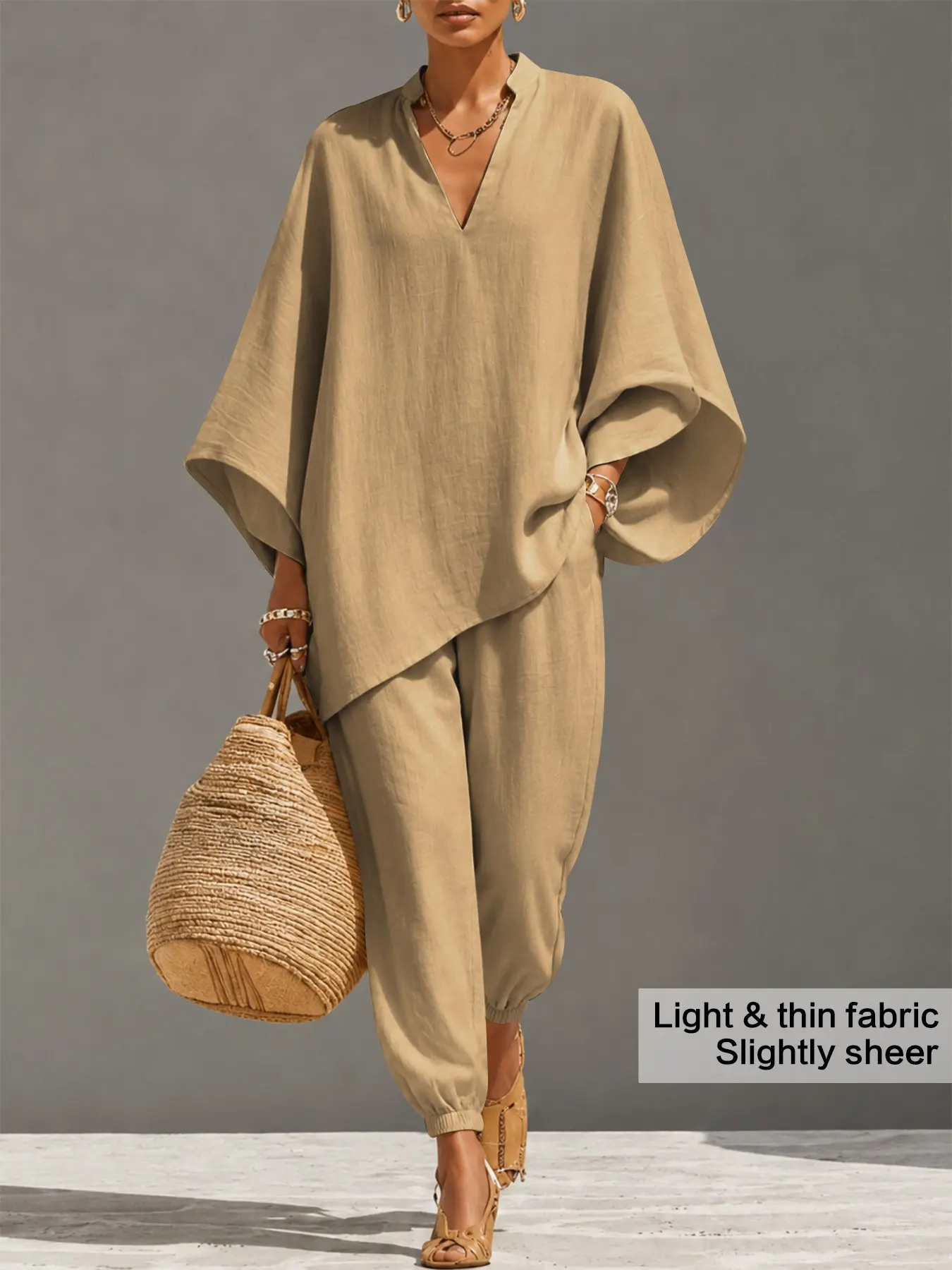 Women's Summer Thin Oversized Baggy Loose Fit Minimalist Solid Deep V Neck Batwing Sleeve Fashion Pants Set, Casual Long Length 3/4 Sleeve, Comfortable Daily Wear, Multiple Colors