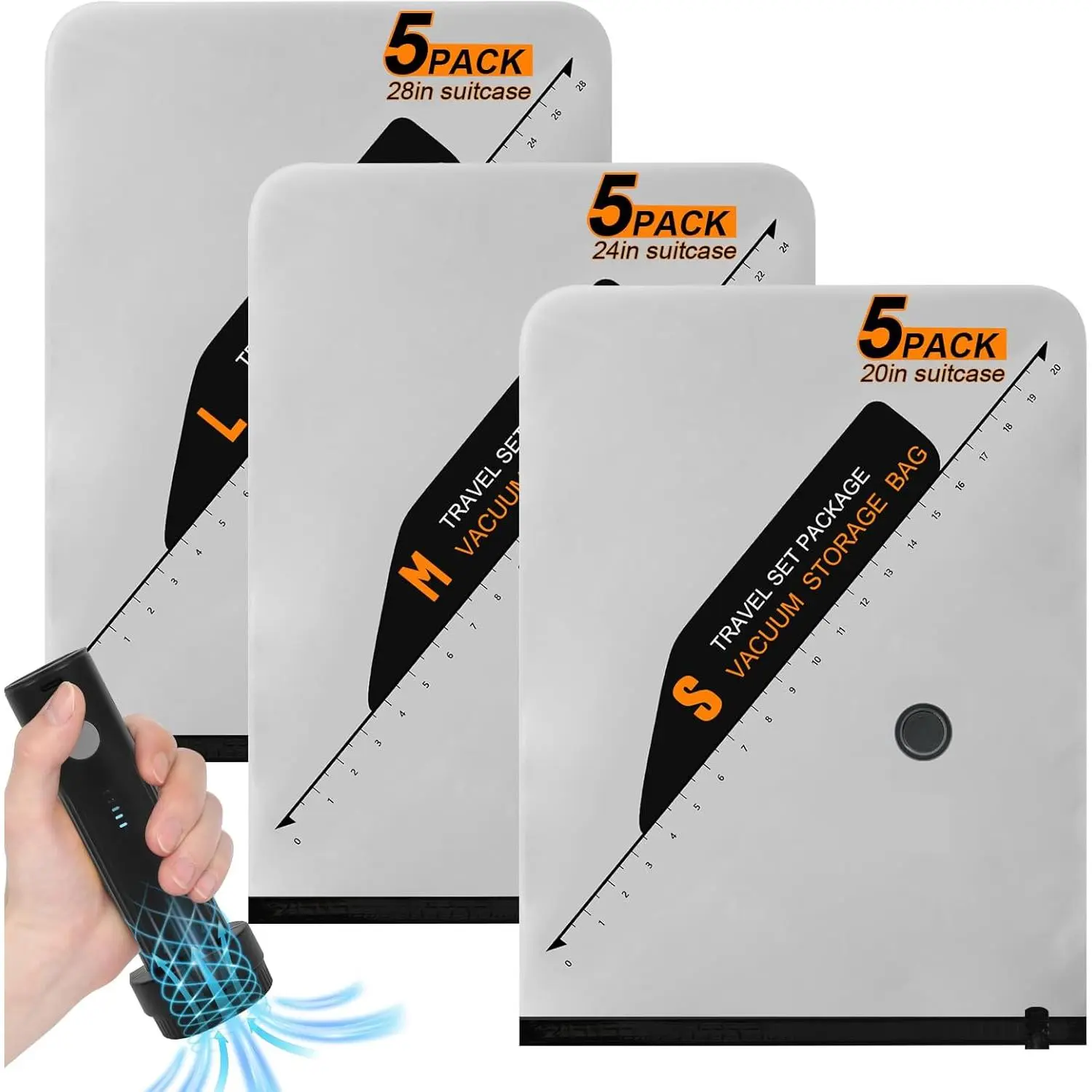 15 Pack Space Saver Vacuum Storage Bags with 6000Pa Wireless Air Pump Clothes Comforters, 5 Jumbo+5 Medium+5 Small Storage Bags Vacuum Sealed, Compression Packing Ziplock Bags Suitcase