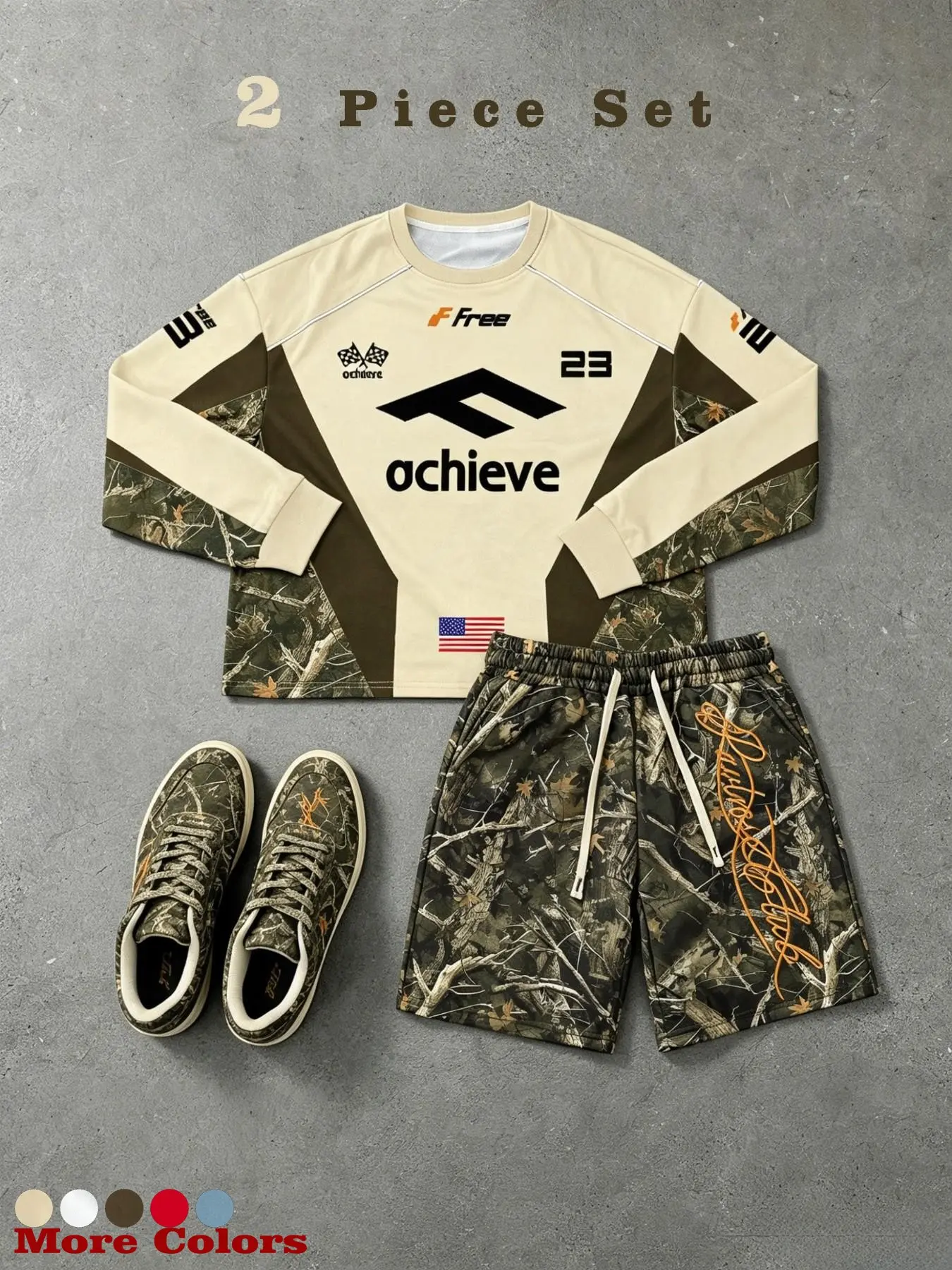 Men's American Racing Camo Long Sleeve Top + Drawstring Shorts Set, Gym Outfit, Athletic Vintage Streetwear Y2K Style, Usa Flag Print, Unisex Fitness, Summer Fitness Outfit
