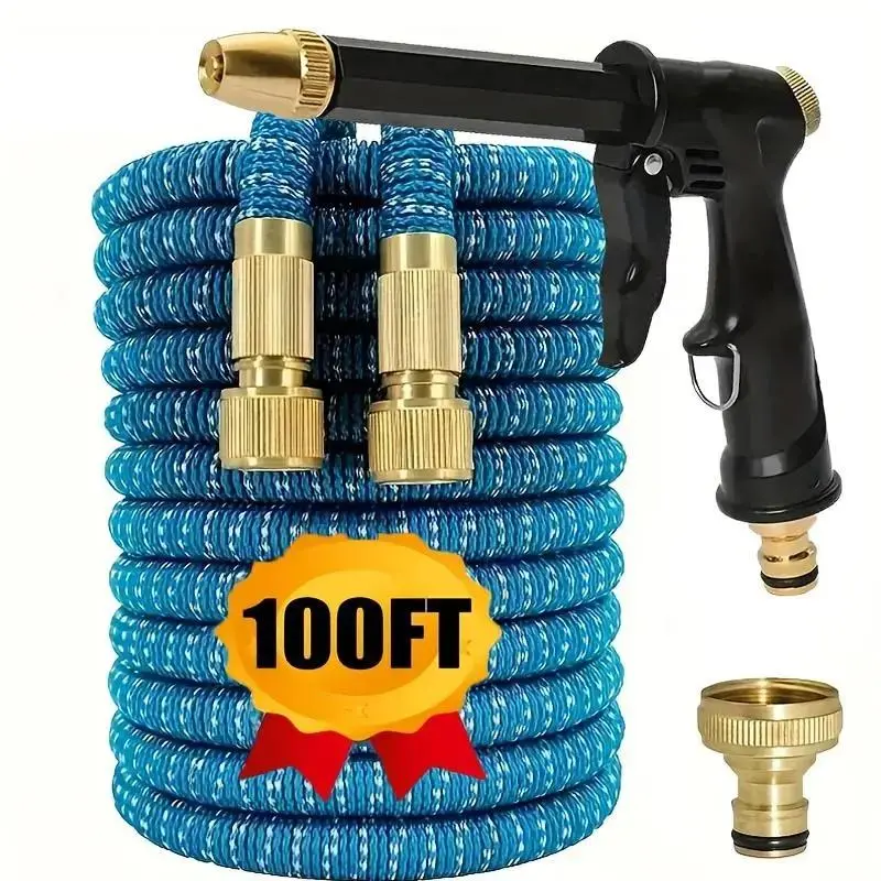 Extensible garden water pipe set with spray head. Made of durable rubber material. European/American universal interface threads. Outdoor and indoor cleaning water pipe.