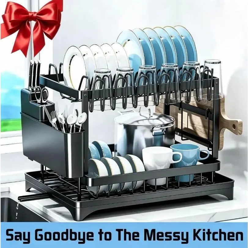 Double-layer kitchen countertop dish draining rack, detachable utensil draining and storage rack made of metal, kitchen storage rack with drip tray, can hold utensils, kitchen accessories, home decor