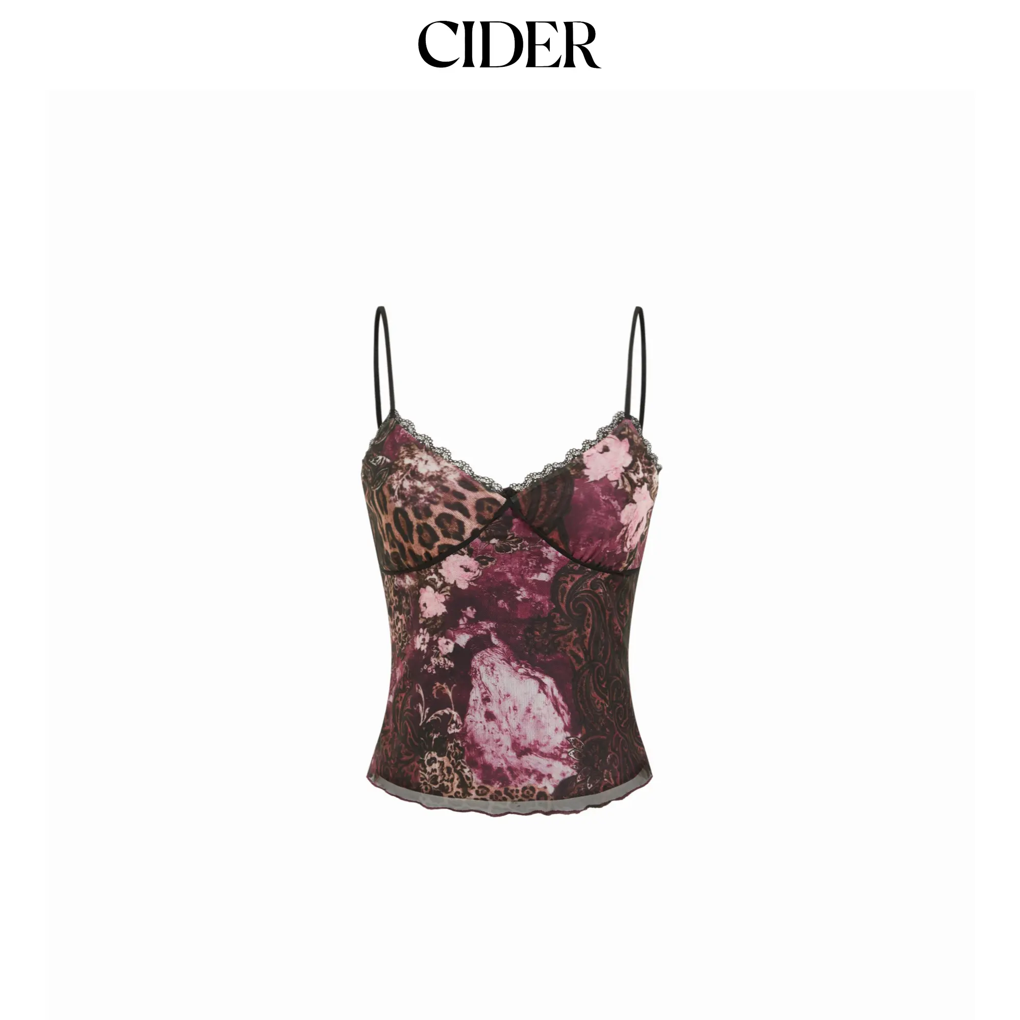 Cider Mesh Leopard & Floral Graphic V-Neck Lace Trim Cami Top