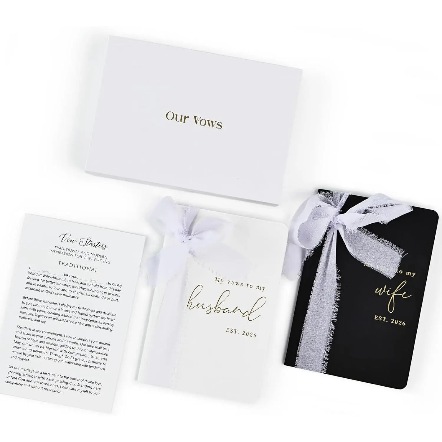 Wedding Vow Books His and Hers with Chiffon Bow – 2-Pack  Personalized 2026 Year Bride and Groom  for Ceremony Vows -  Foil,140g, 28 Lined Pages - Elegant Wedding Essentials