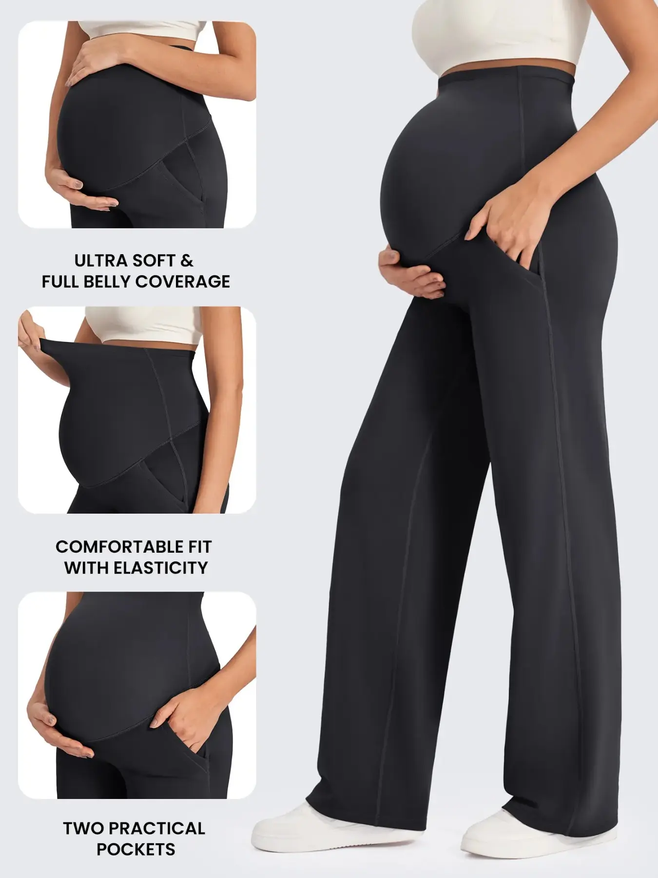 Maternity High-Waist Stretchy Pants with Pockets, Comfortable Breathable Fabric, Pregnancy Bottoms, Summer Clothes, Wide-Leg Trousers for Daily Wear