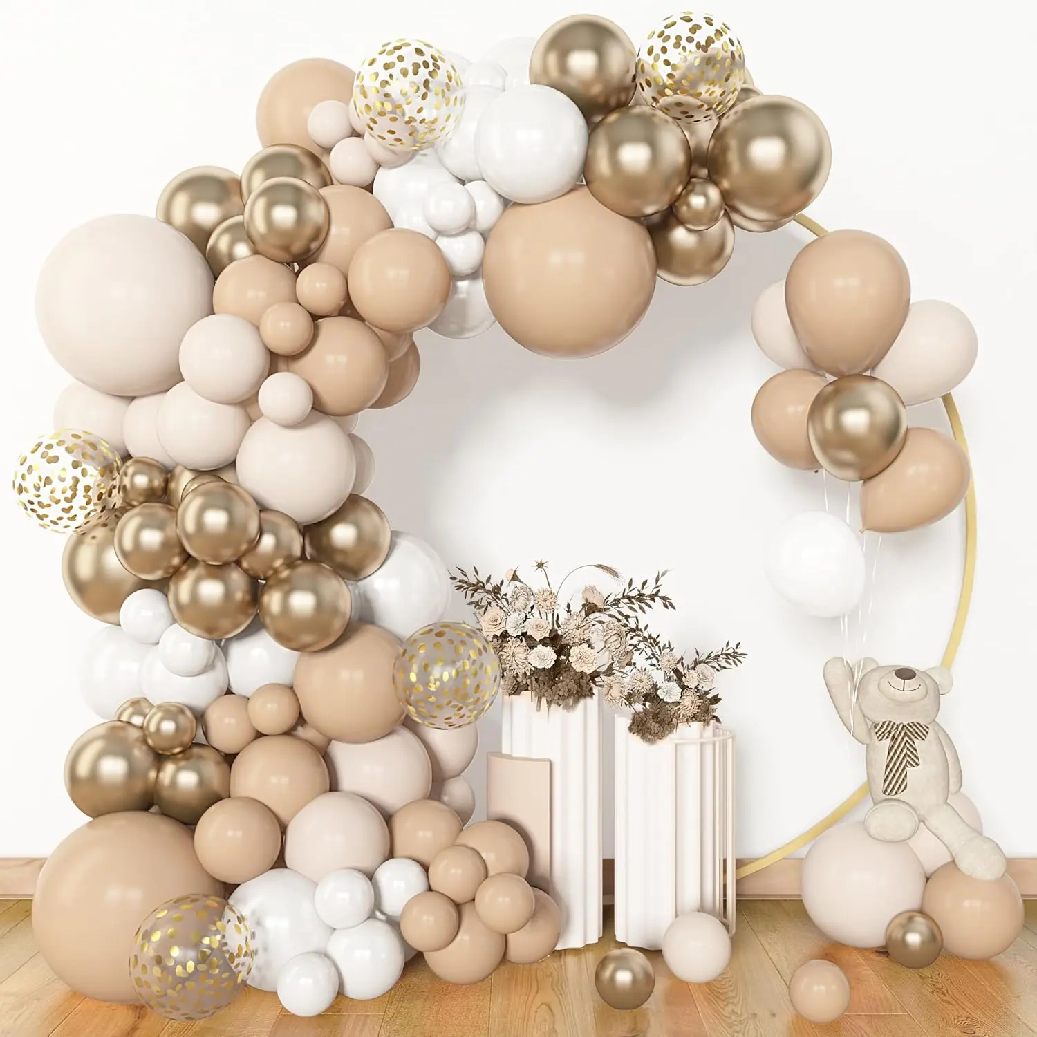 153-Piece Durable White Sand Balloon Garland Arch Kit - 18/12/10/5 in Sizes, Beige,Cream,Champagne Gold,Metallic Confetti,Blush Pink,Bohemian Flowers,10 Pcs Balloon Tools for Happy Birthday,Baptism Decor
