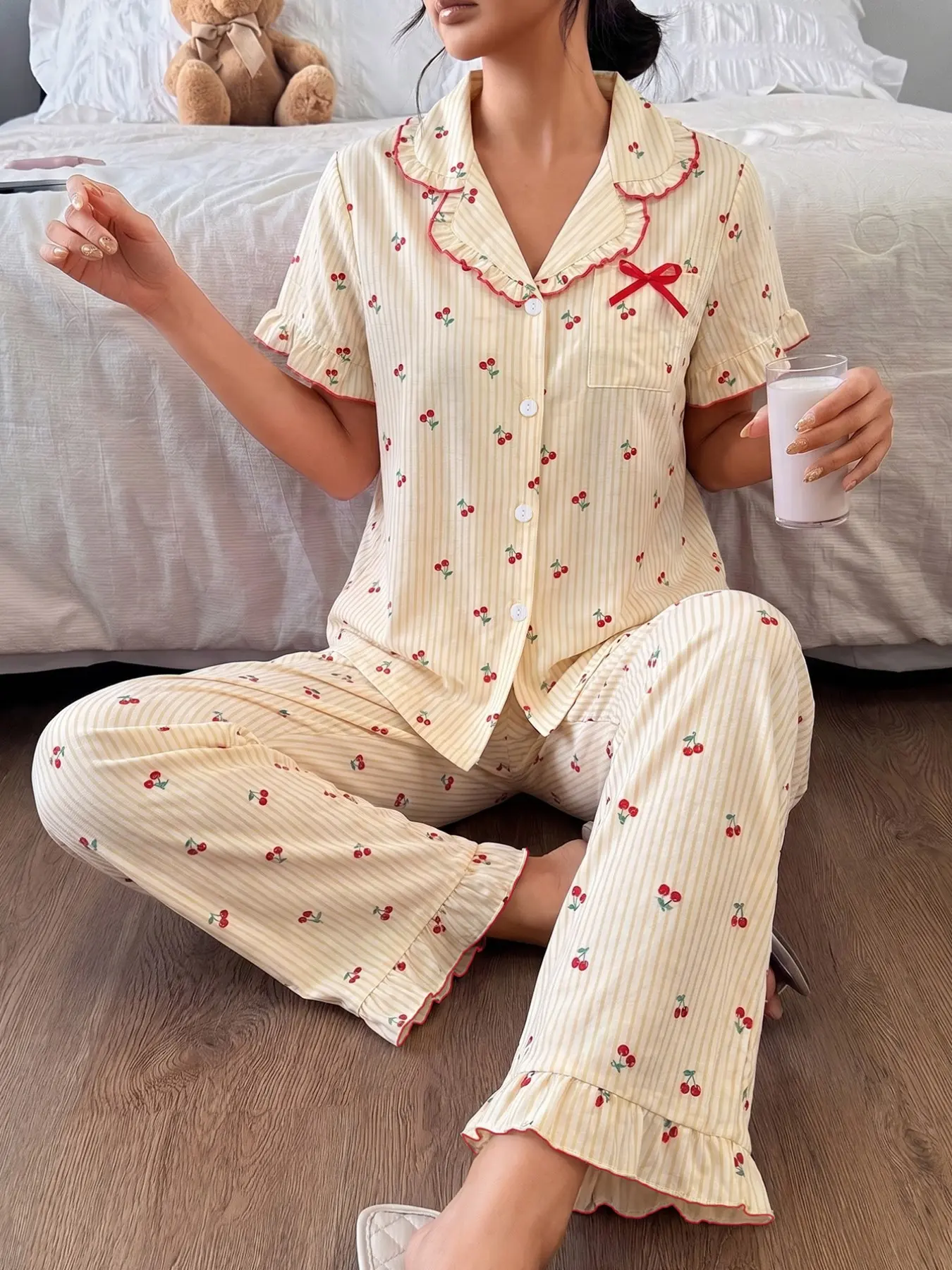 Women's Comfortable Sleepwear Set, Striped Cherry Print, Contrast Binding, Short Sleeve Cardigan, Loose Fit Pants, 2-Piece Home