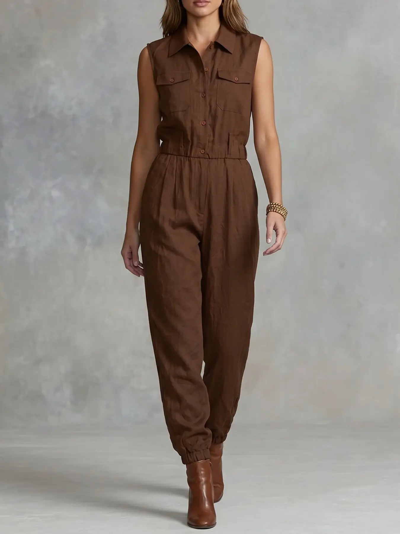 Women's Sleeveless Workwear Style Bodysuit Jumpsuit, Pockets, Vintage Relaxed Casual Commuter, Perfect for Urban Commuting and Light Outdoor Activities, Belt