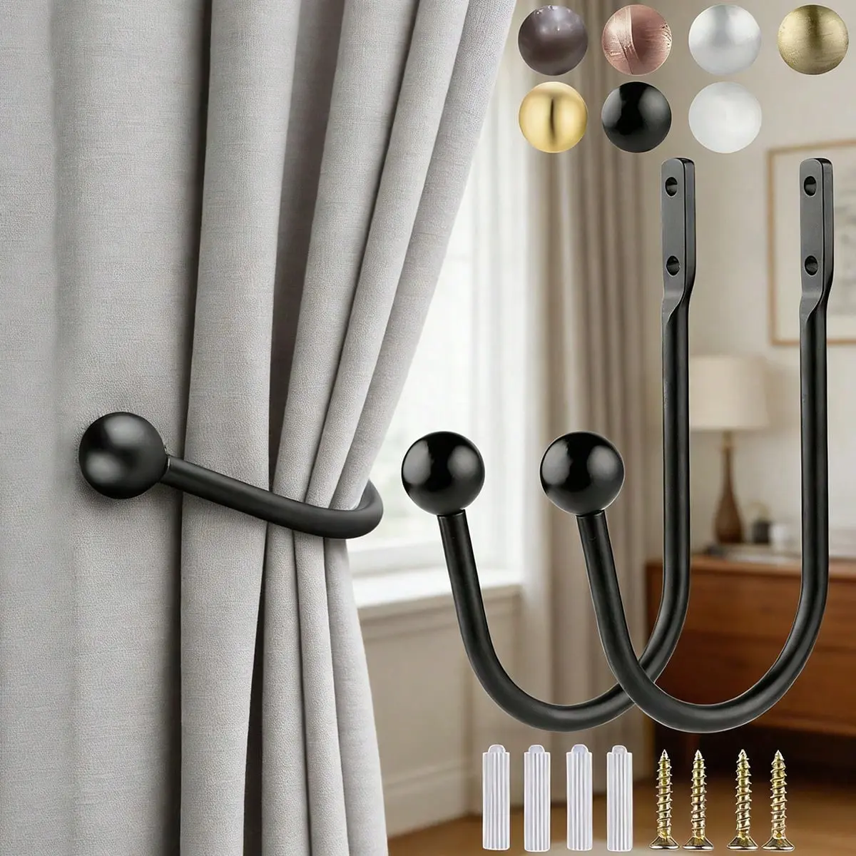 2-Pack U-Type Metal Curtain Hooks with Screws and Expansion Tubes, Multiple Color Options, Durable and Easy Installation