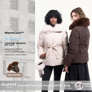 PUFFIT WarmCore Premium Elegant Fur-Collar Puffer Detachable Fur Collar Waist-Defining Slim Fit Puffer Jacket Matching Gloves Available Detachable Button Design Elegant Look Combines Warmth And Beauty — Perfect For Winter Elegance