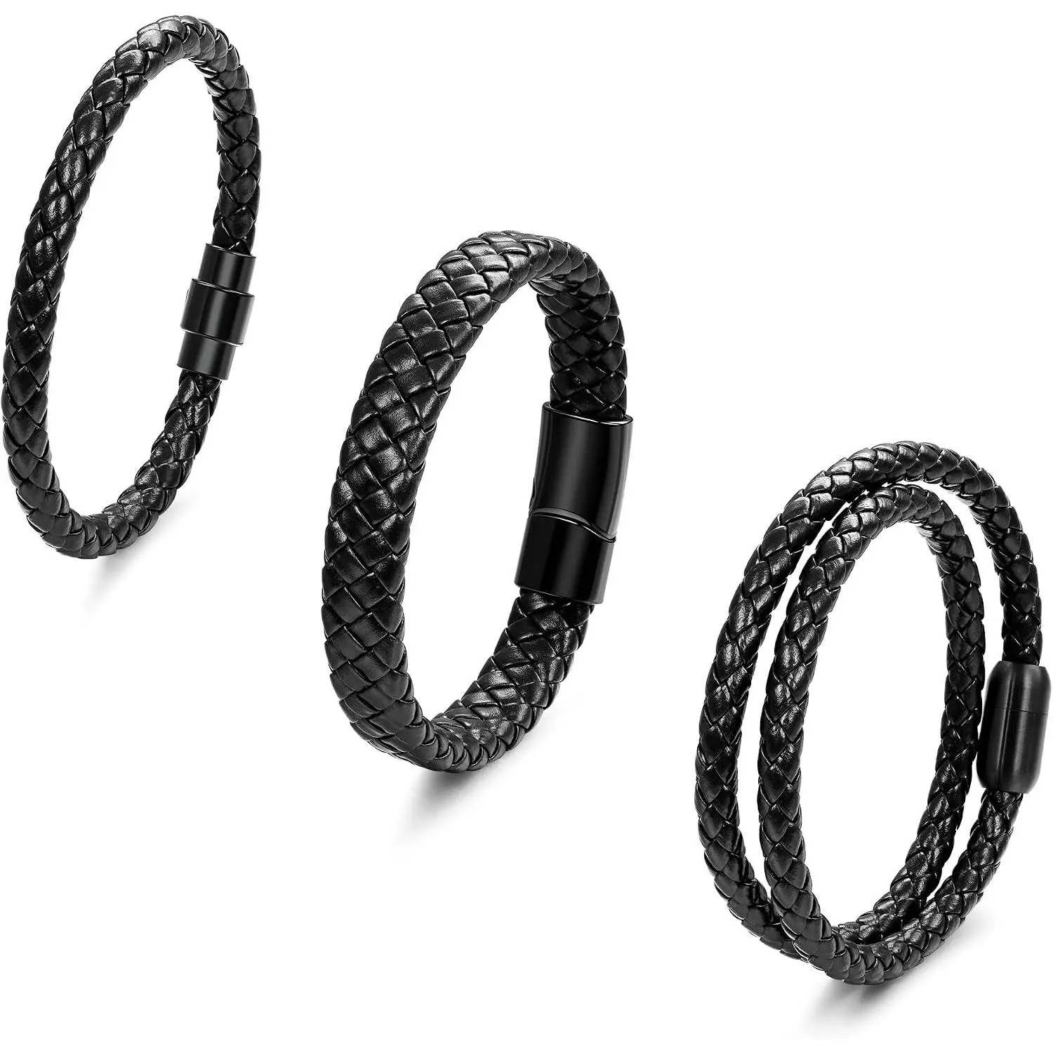 Men's & Women's 3Pcs Genuine Italian Braided Leather Matching Sets Bracelets, Black/Brown Wrist Cuffs, Stainless Steel Clasp, 7.5-9 In Wrap Wristbands