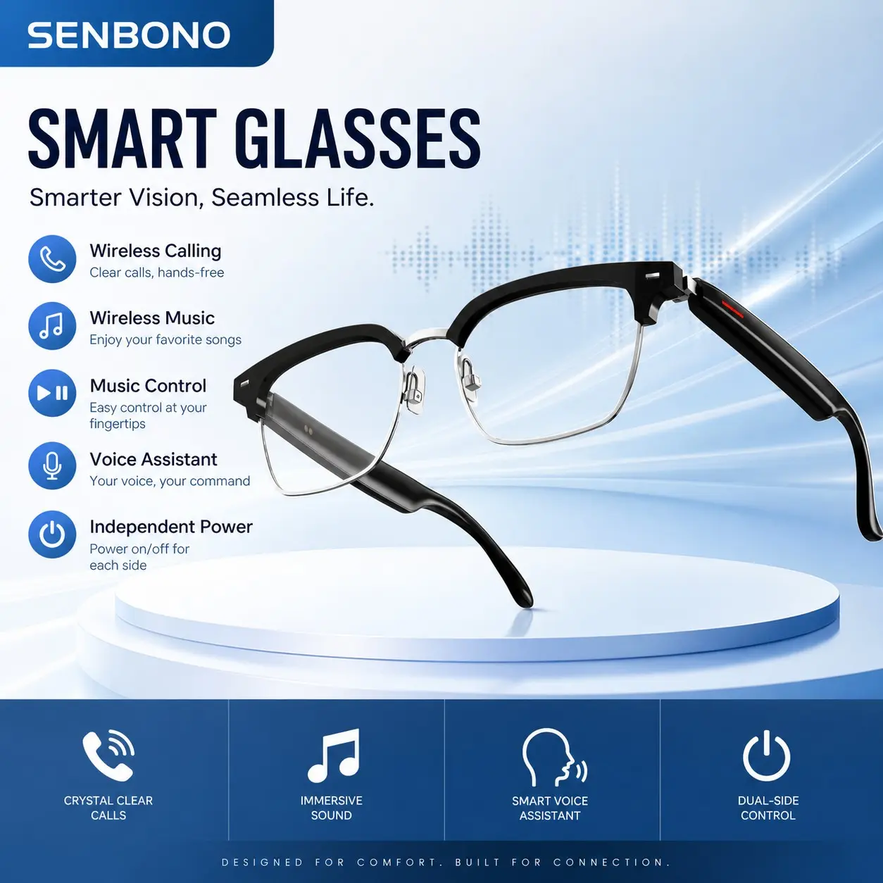 SENBONO Bluetooth Calling Sunglasses, Supports Music and Voice Calls, Magnetic 2-Pin Charging, Perfect for Outdoor and Commuting Use