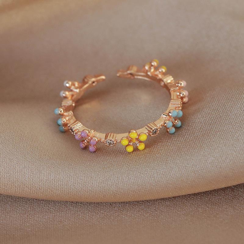 Spring and summer macaron-colored oil-drip flower heart ring with zircon inlay, open niche ring for women, personalized index finger ring