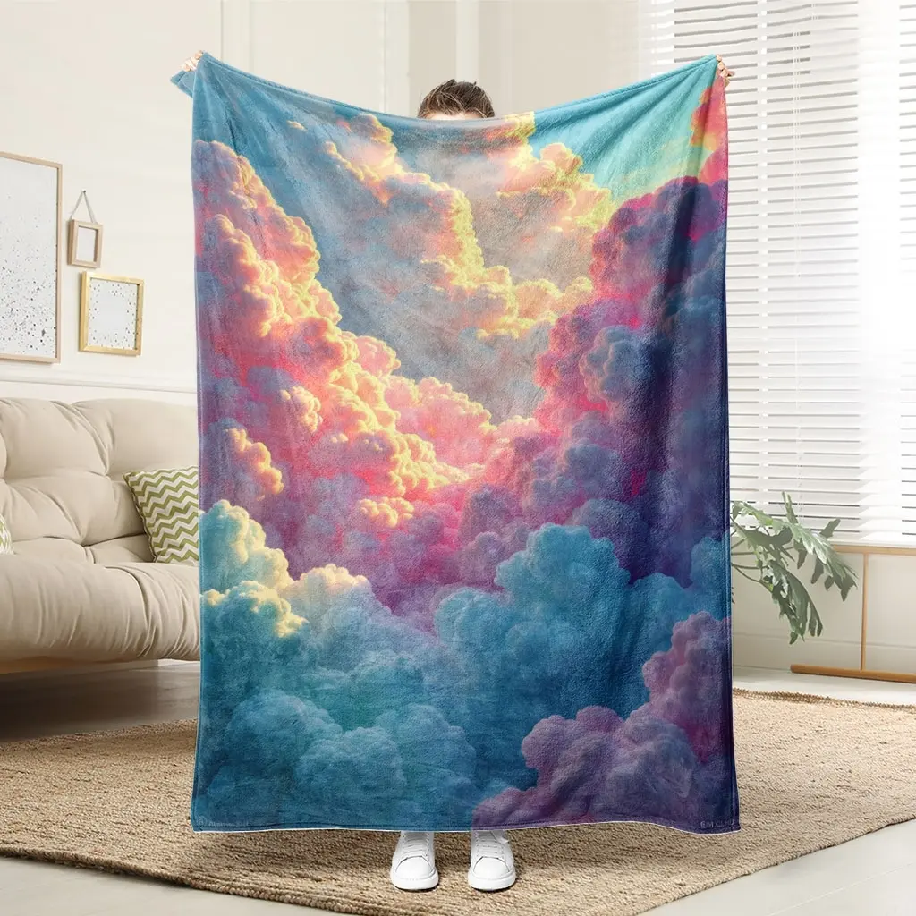 1 Comfortable And Dreamy Cloud Sea Flannel Blanket, Soft Printed Cooling Blanket, Suitable All Year Round, 100% Polyester Fiber, Perfect Gift For Family And Friends