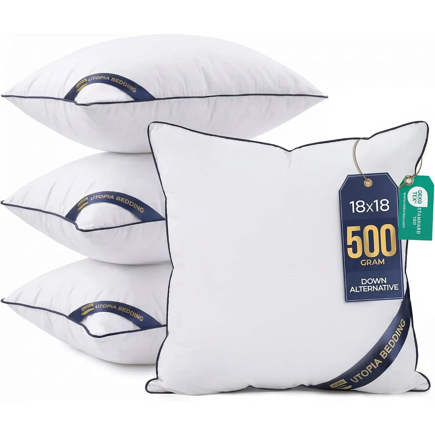 Bedding Throw Pillow Inserts (Pack of 4, White), 18 x 18 Inches Decorative Indoor Pillows for Sofa, Bed, Couch, Cushion Sham Stuffer