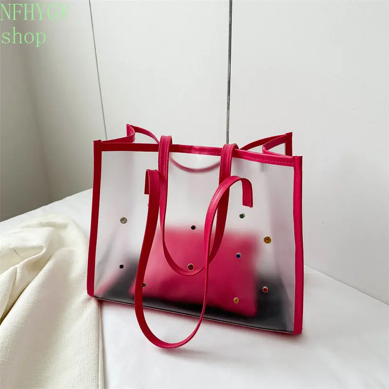 2-Piece Frosted Clear Rhinestone Tote Bag Set, Color Studded Transparent PVC Shoulder Handbag With Matching Inner Pouch, Fashion Women’s Bag For Summer Beach, Travel, Shopping And Daily Casual Outings