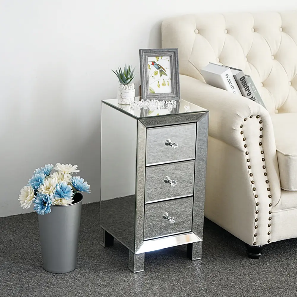 3-Drawer Mirrored Bedside Table MDF Cabinet with Mirrored Drawers Silver