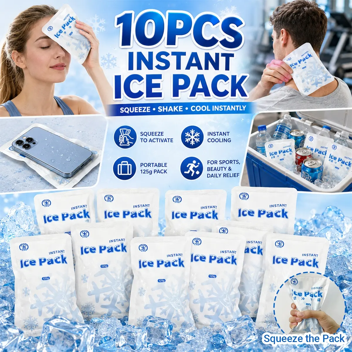10Pcs Instant Ice Pack Cooling Bags, Squeeze-Activate No-Freezer Cold Compress Packs, Portable 125g Rapid Cooling Ice Packs for Sports, Outdoor Workout, Travel, Beauty Routine, Summer Heat Relief, Lunch Bag, Emergency Cooling, Cooling Pads