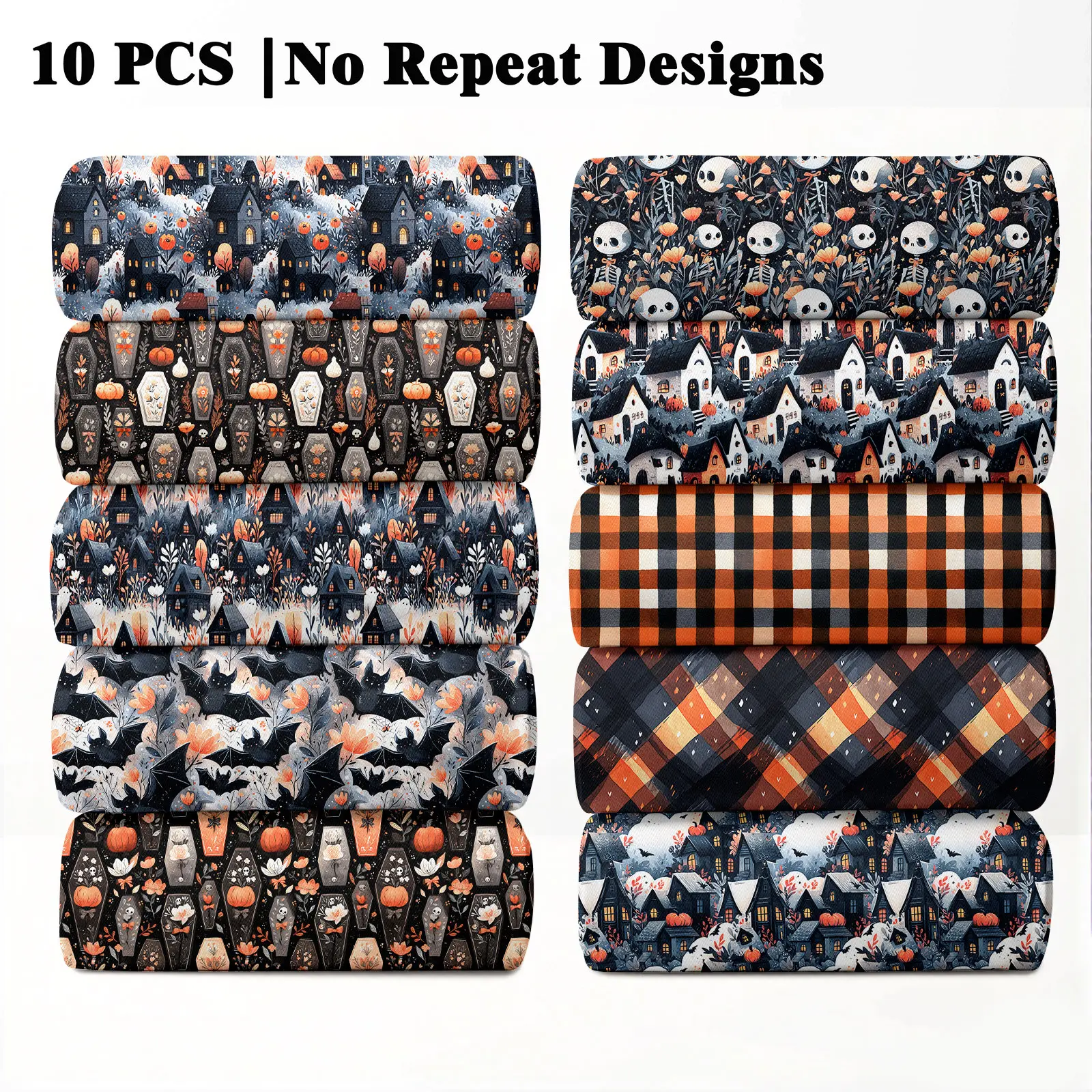 10PCS Spooky Haunted Print Fabric, 23x55cm (9x22in) Spooky Haunted Theme Pattern Quilting Home Decor DIY