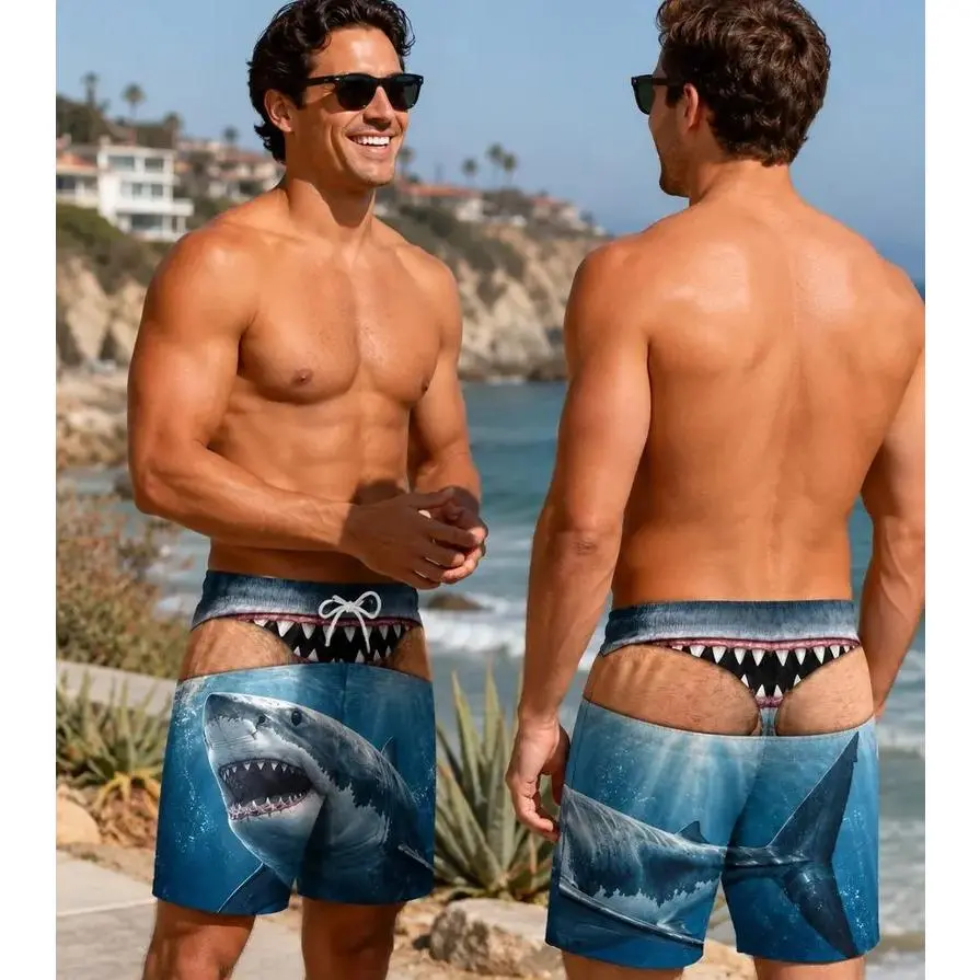 Custom Funny Men Swim Trunks, Shark Board Shorts, Fake Butt Beach Shorts, Ocean Swimwear, Novelty Gift for Him