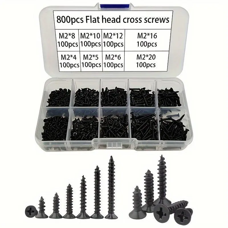 800pcs M2 Black Phillips Self Tapping Screw Assortment Kit, Locking Screws And Wood Screws