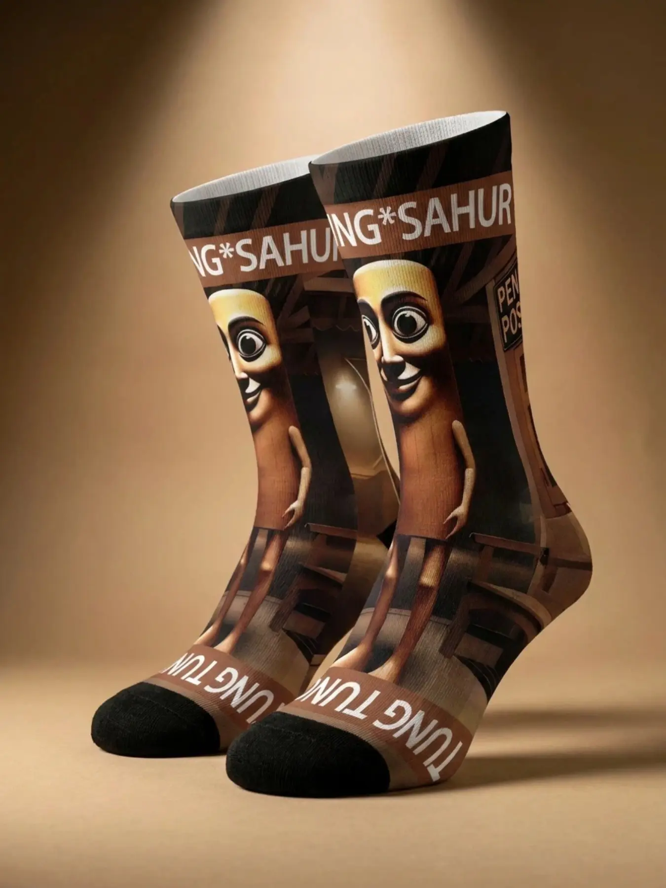 1 Pair BIIHUDU Men's Italian Brainrot Socks—Yellow “tung tung tung sahar” Print Socks, Mid-Calf Socks: Cartoon, Cute, Soft, Breathable, Fashionable, Casual, Streetwear, All-Over Print Design, Letter Print Socks