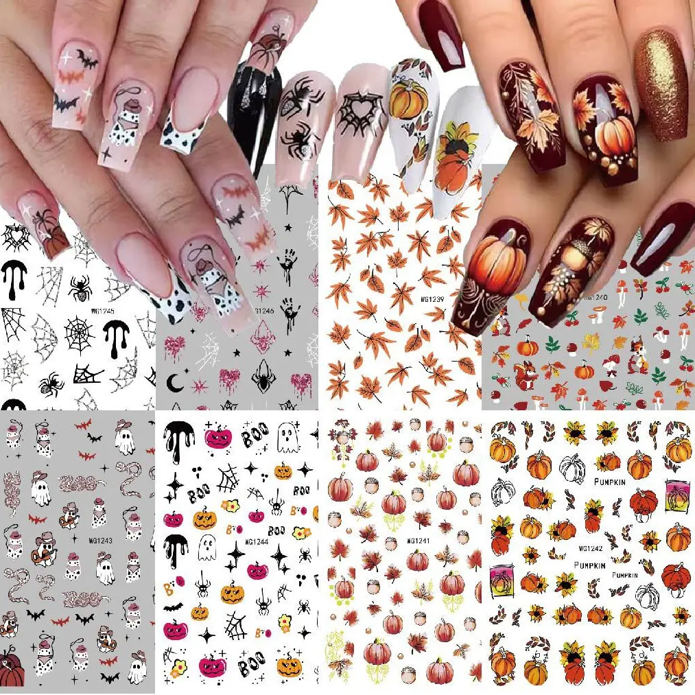Fall Nail Stickers, Halloween Autumn Nail Art Decals with Pumpkin Maple Leaf Ghost Squirrel Designs, Multi Sheet Self Adhesive Nail Decor, Easy Apply Thin Manicure Accessories for Women DIY Home Salon, Thanksgiving Party