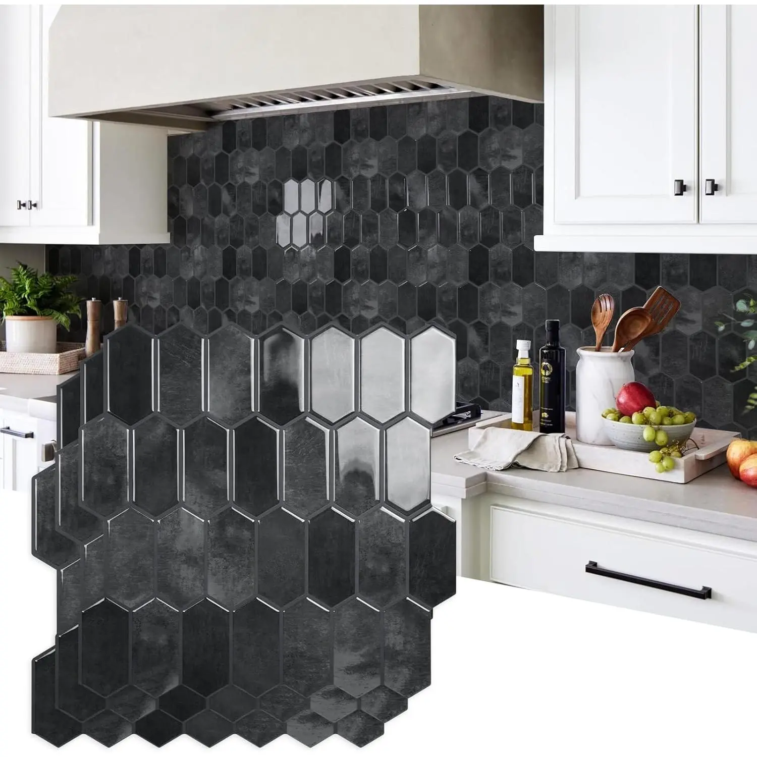Upgraded Thicker Design Peel and Stick Backsplash , 10-Sheet Shiny Black with Dark Grey Grout Long Hexagon Self Adhesive Wall s Stick  Backsplash for Kitchen Bathroom RV Fireplace