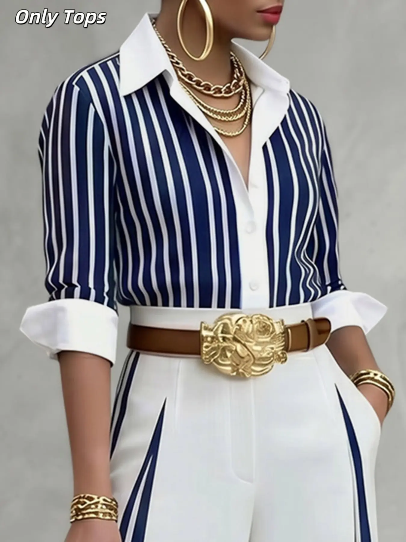 Long Sleeve Button Front Striped Turn-Down Collar Shirt Top Blouse, Button Front Collared, Stylish Fashion Casual Wear, Perfect for Daily Everyday, Comfortable and Trendy Design, Casual Daily Tops