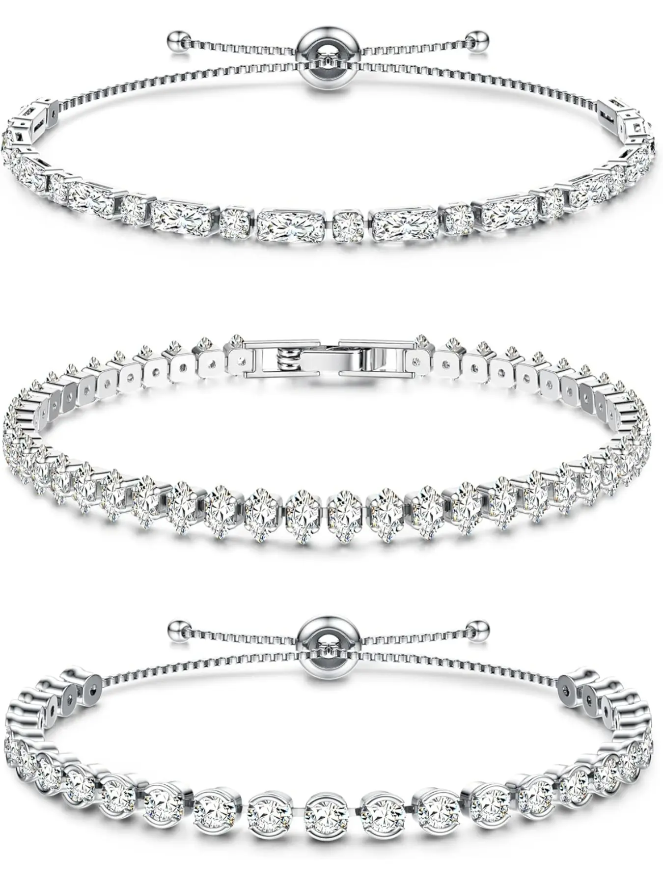 3 Pieces Silver Tennis Bracelets for Womens Silver Bracelet Crystal Cubic Zirconia Bracelet Sparkle Diamond Bracelets Friendship for Gifts Jewellery Christmas Birthday Fashion Wrist Jewelry Dainty Crystal Bracelet Bracelet Stacks