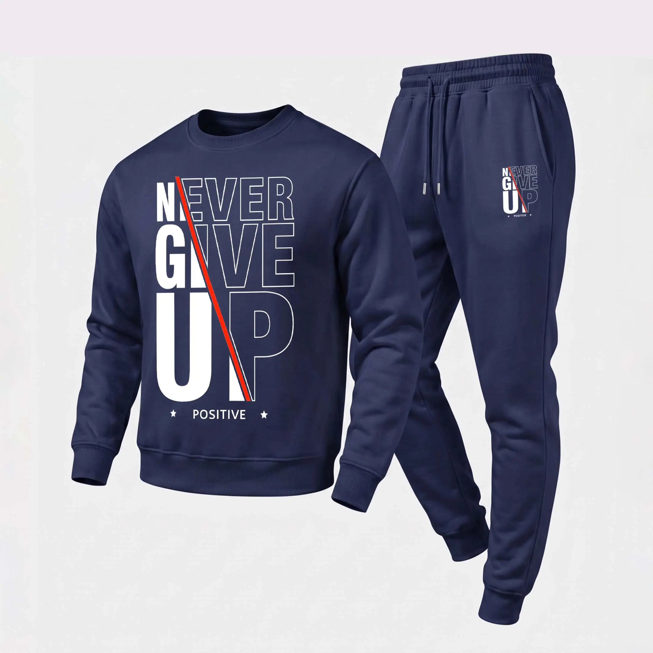 Men's Minimalist Loose 2-Piece Polyester Menswear Tracksuit - Never Give Up Graphic Crewneck Sweatshirt, Drawstring Jogger Pants, Casual Long-Sleeve Pullover for Day Wear, Fall Winter Activities