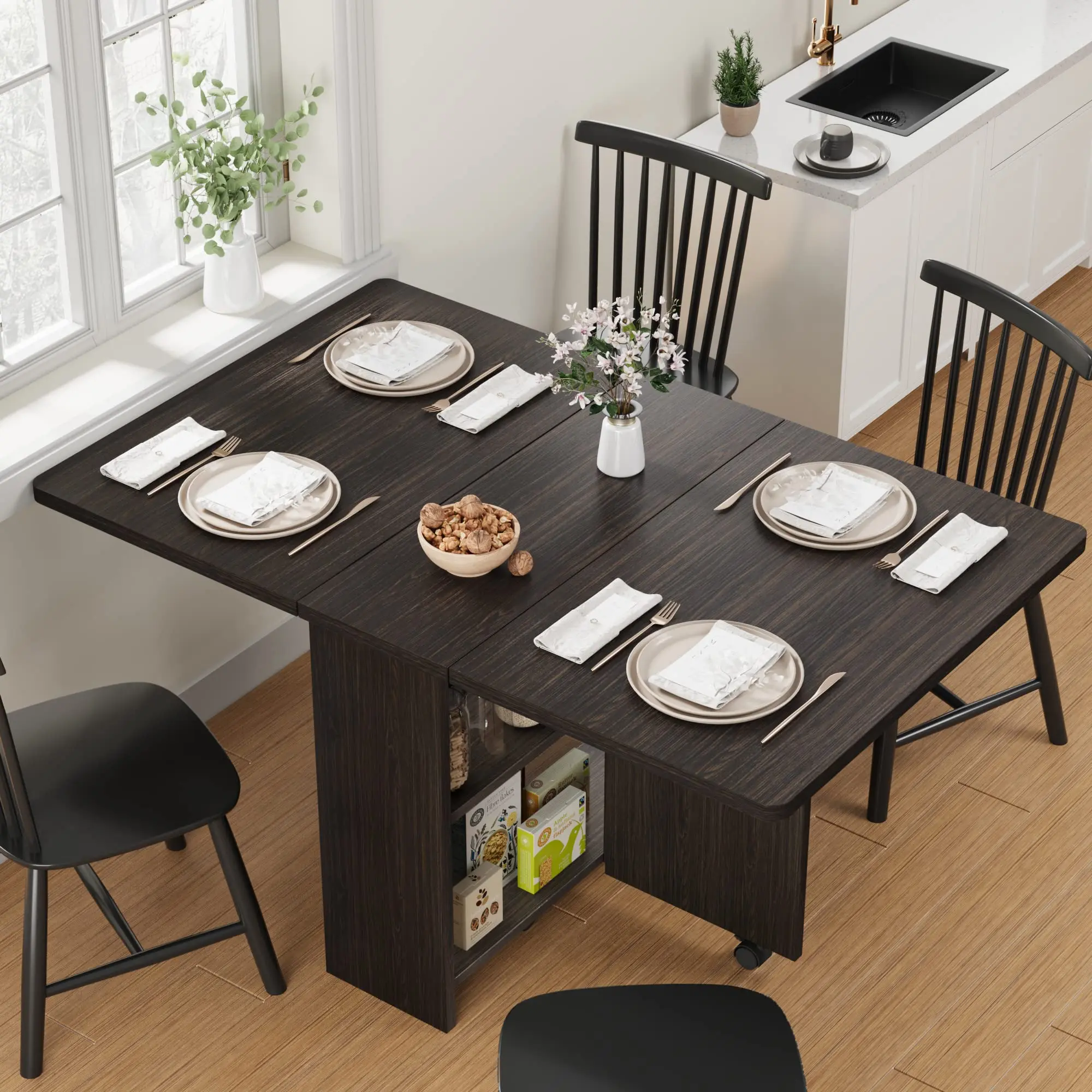 Folding Dining Table Drop Leaf Table for Small Spaces, Versatile Collapsible Dinner Kitchen Office Table with 3 Storage Racks, Space Saving Foldable Extendable Desk Dinning Room Furniture，Dark Walnut