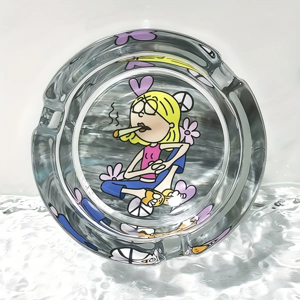 1 round clear glass ashtray with anti slip base and cute girl pattern art design, home decor, ideal for homes, bars, and terraces - a fashionable ashtray designed for fantasy and art enthusiasts