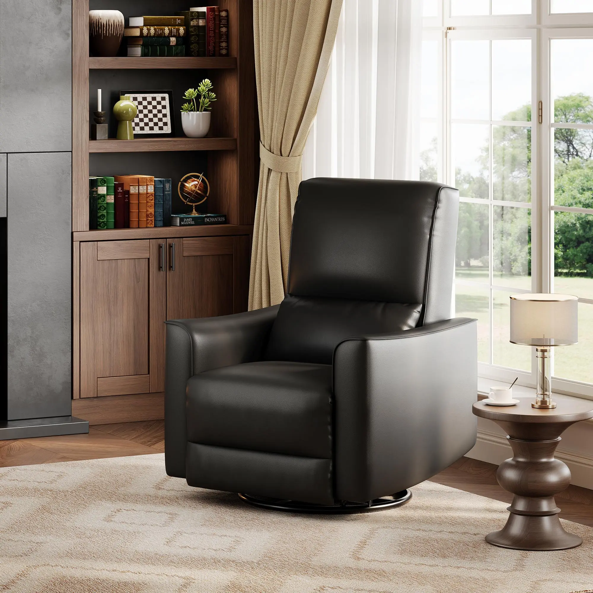 Black PU Leather 360 Degree Swivel Rocker Nursery Recliner, Single Seat Ergonomic Manual Recliner Chair with Lumbar Support & Curved Arms, Tool-Free Assembly for Living Room & Nursery