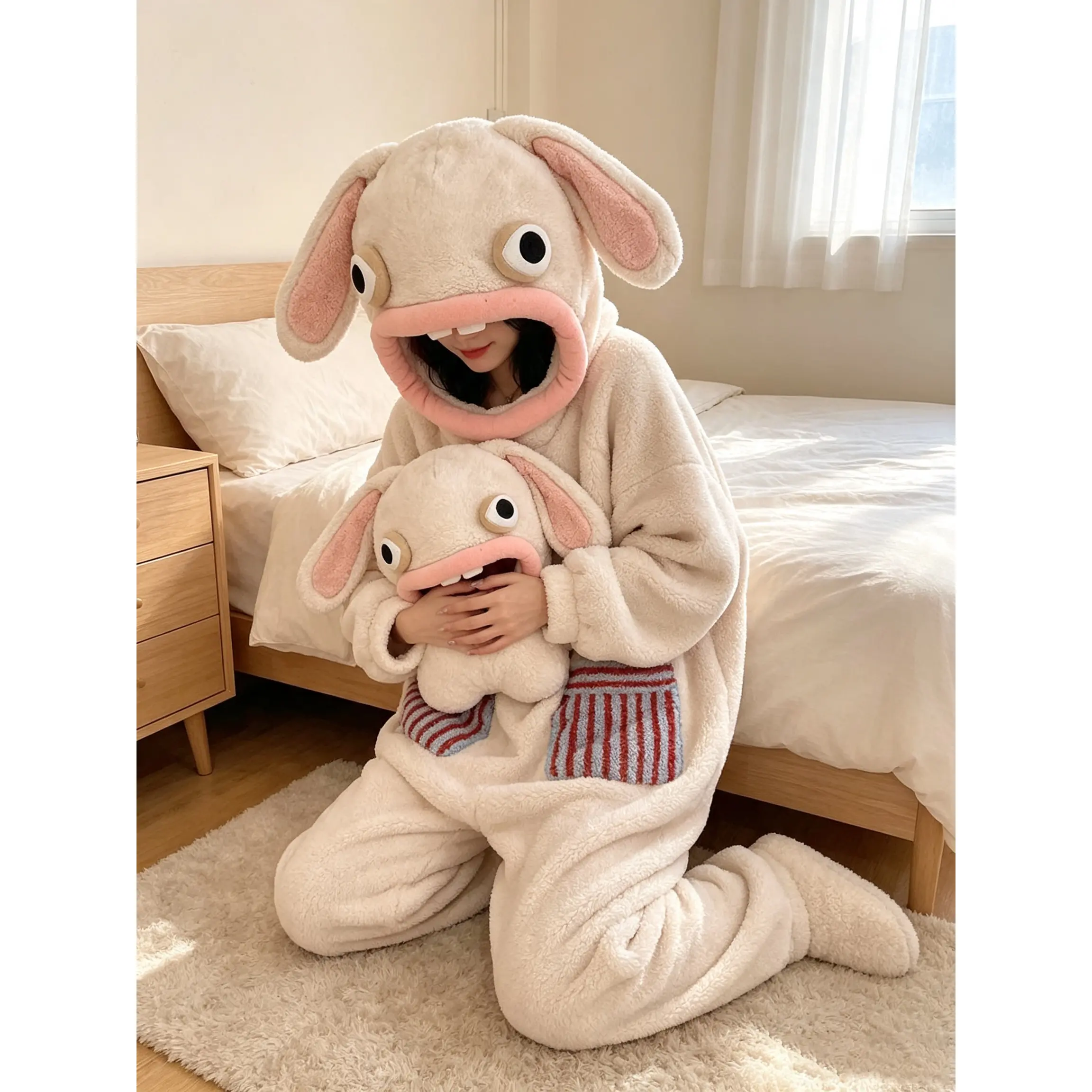 Women's Cartoon Rabbit Hooded Onesie Pajamas| Thick Coral Fleece Winter Sleepwear| Cute Kigurumi Lounge Wear for Home & Outdoors Loungewear Pajama Set